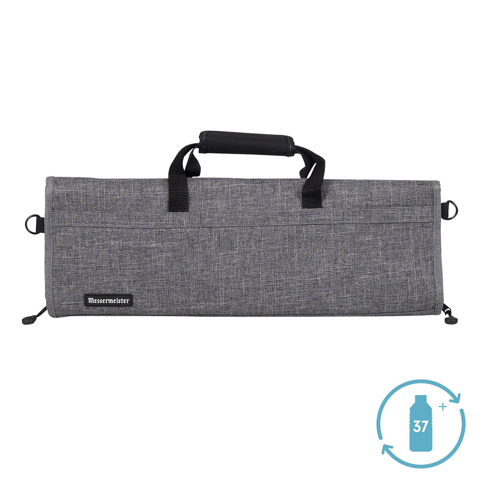 Front view of gray Messermeister Preservation 12-pocket knife bag with padded exterior, zipper closure, carry handles, and recycled fabric construction for chef knife storage