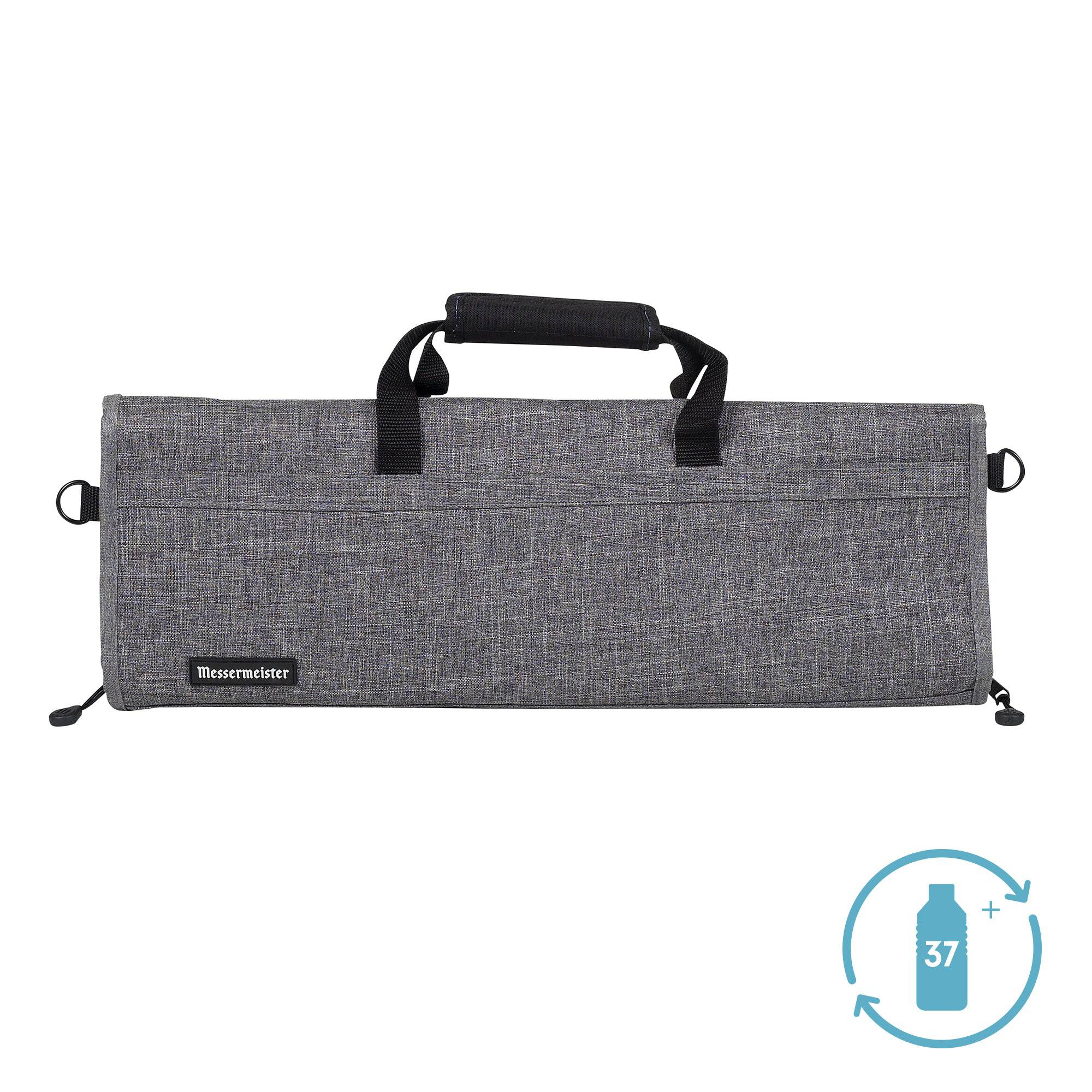 Front view of gray Messermeister Preservation 12-pocket knife bag with padded exterior, zipper closure, carry handles, and recycled fabric construction for chef knife storage