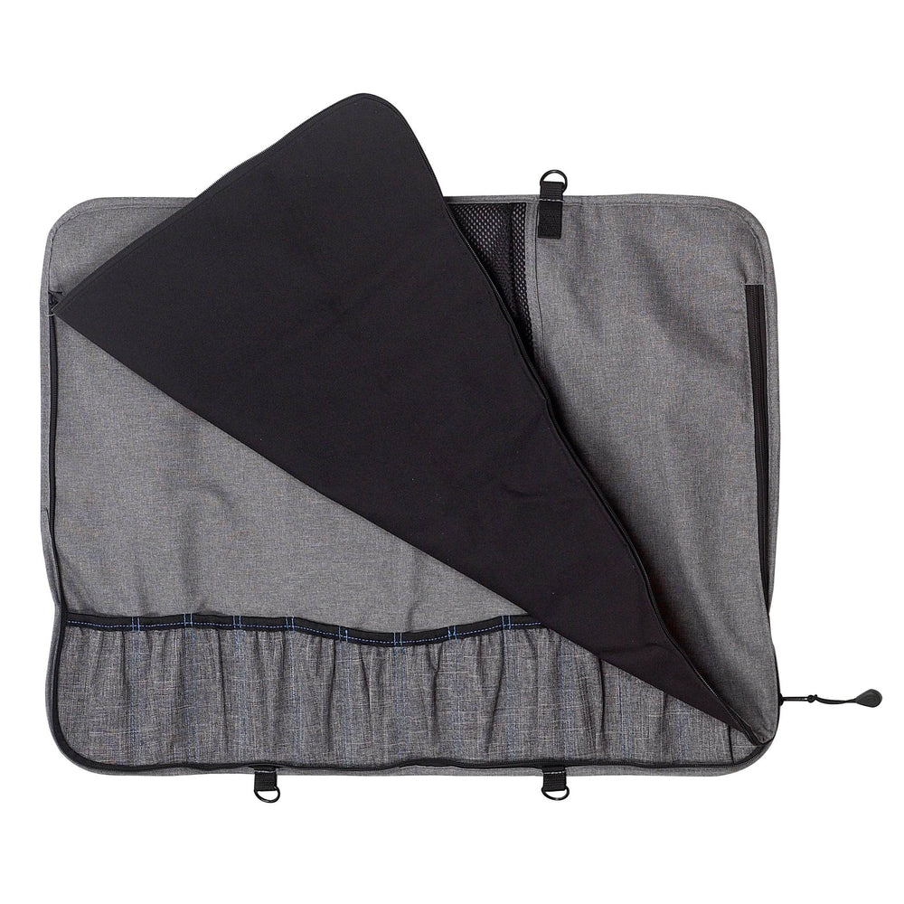 Inside view of Messermeister Preservation 12-pocket knife bag showing padded interior with elastic knife slots, zippered storage compartments, and organized chef knife storage design in gray recycled fabric