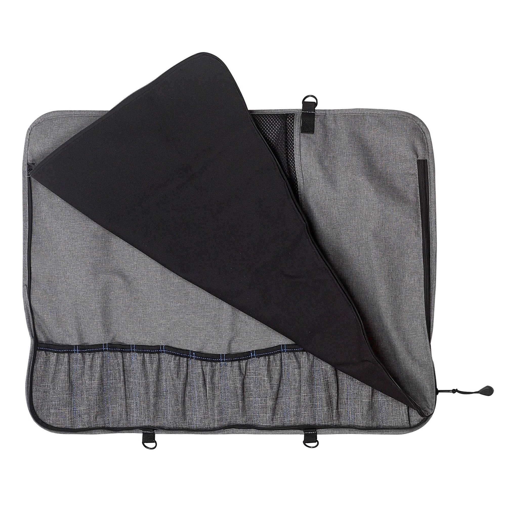 Inside view of Messermeister Preservation 12-pocket knife bag showing padded interior with elastic knife slots, zippered storage compartments, and organized chef knife storage design in gray recycled fabric