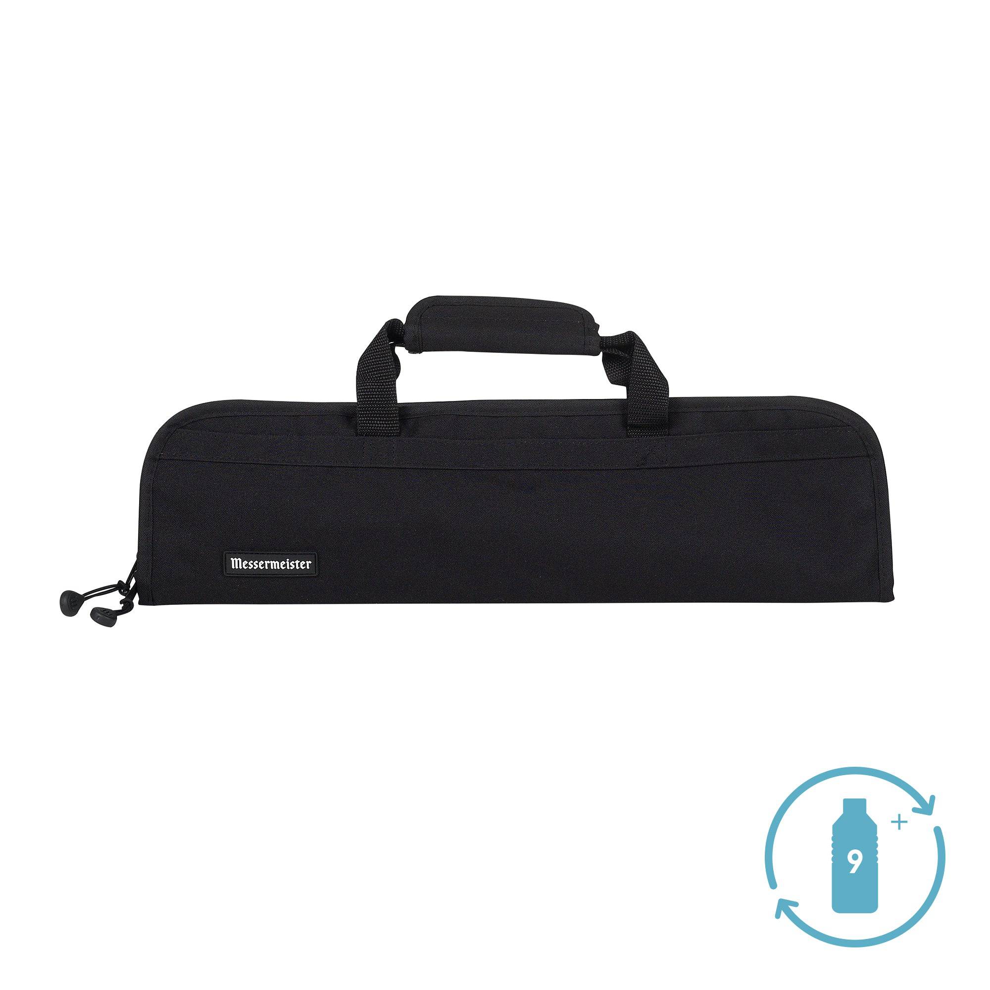 Front view of the Messermeister Preservation 5 Pocket Knife Bag in black, showcasing the sleek padded exterior, durable zippered closure, reinforced carrying handles, and compact professional design for transporting chef knives and culinary tools.
