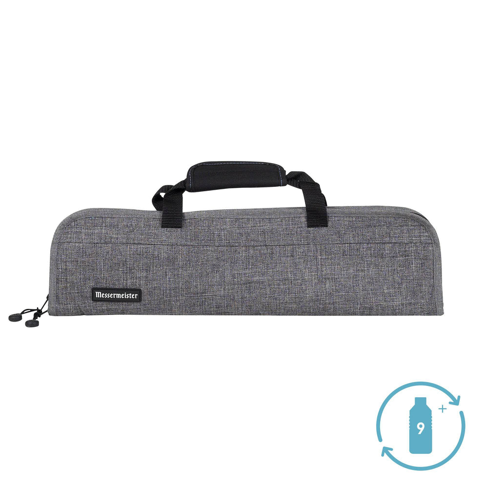 Front view of the Messermeister Preservation 5 Pocket Knife Bag in gray, showcasing a durable padded exterior, smooth zippered closure, reinforced carrying handles, and a sleek compact design intended for secure transport of chef knives and culinary tools