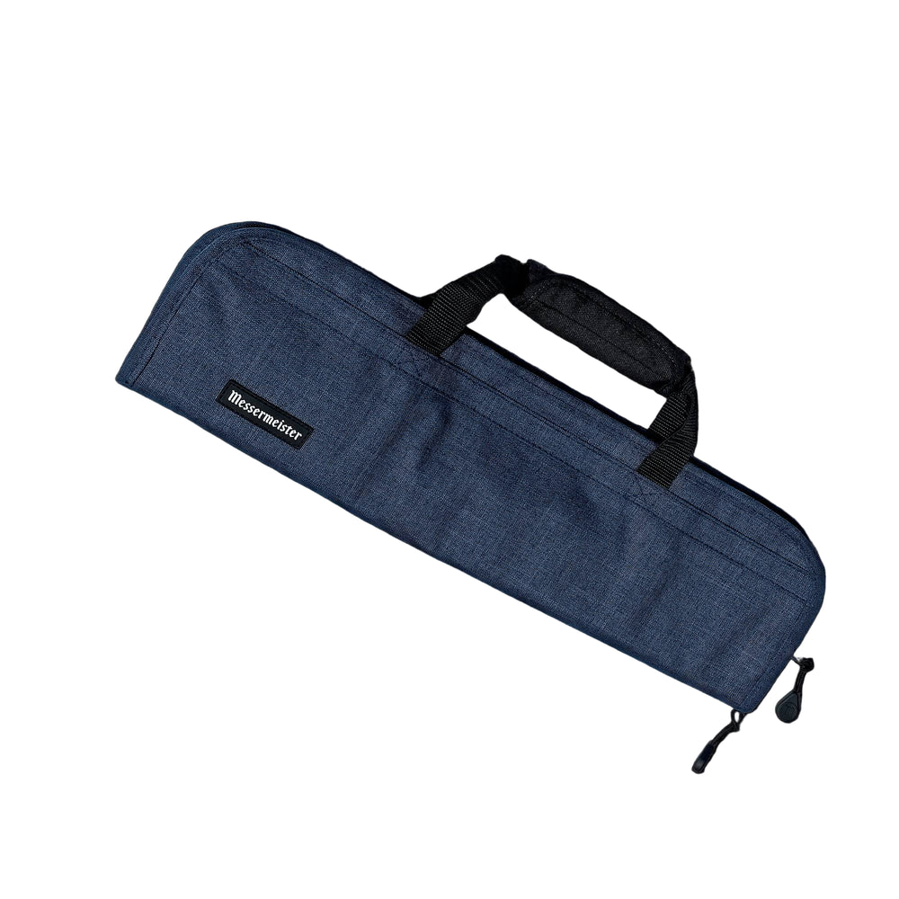 Front view of Messermeister Preservation 5 Pocket Knife Bag in Heather Navy featuring durable recycled fabric, reinforced carry handles, sleek compact design, and heavy-duty YKK zipper closure
