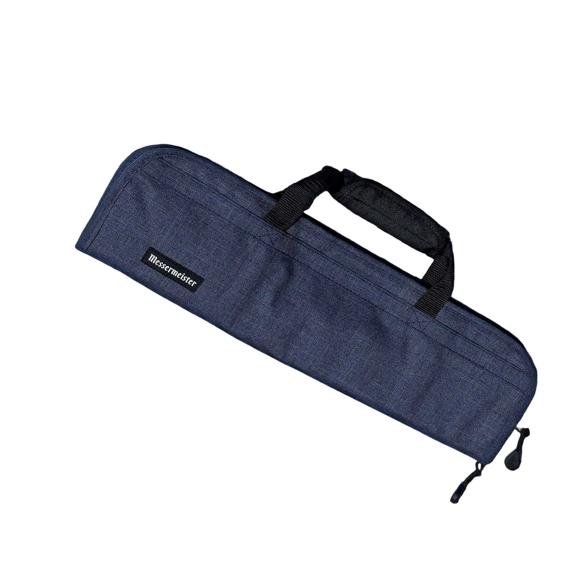 Front view of Messermeister Preservation 5 Pocket Knife Bag in Heather Navy featuring durable recycled fabric, reinforced carry handles, sleek compact design, and heavy-duty YKK zipper closure