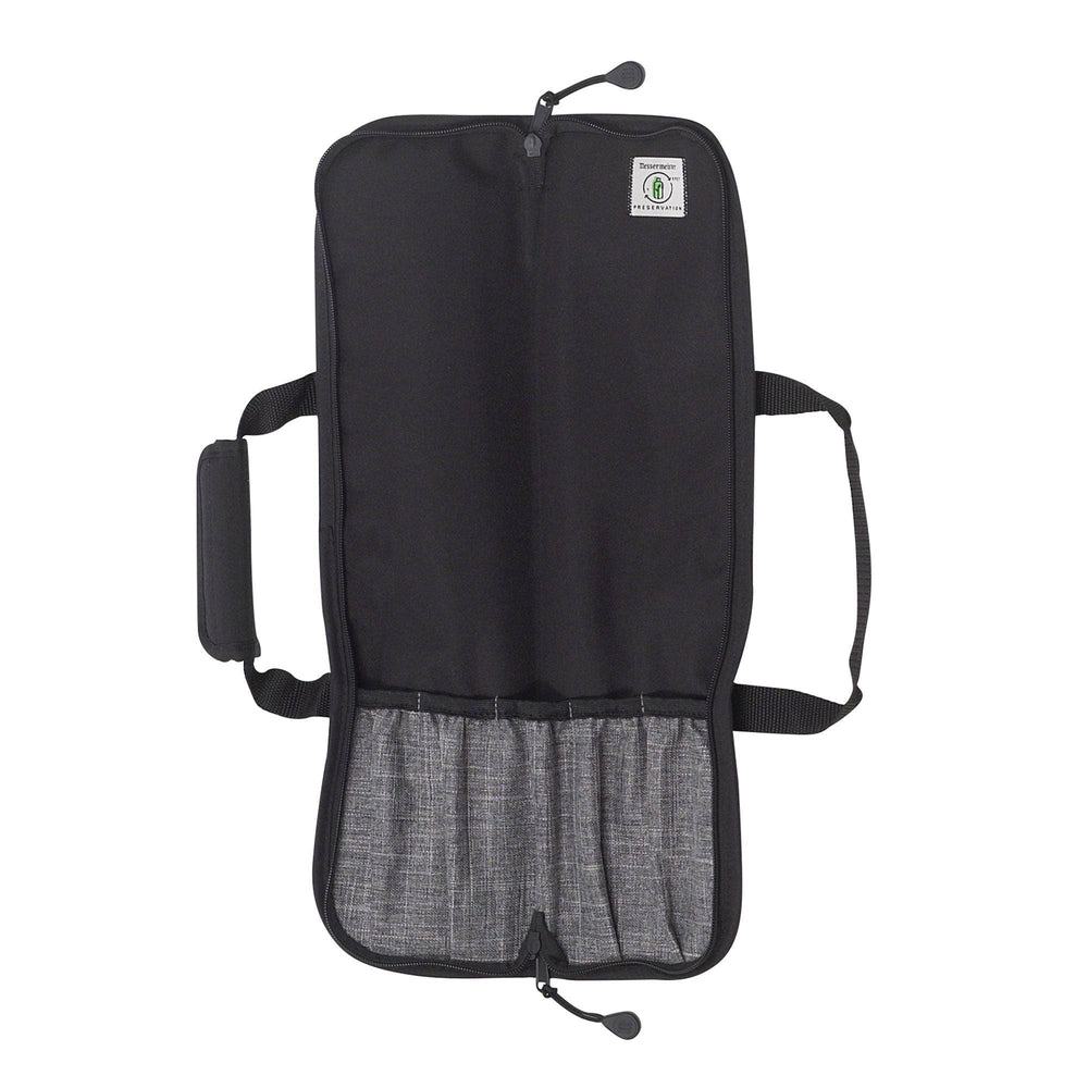 Messermeister Preservation 5 Pocket Knife Bag in black fully opened, displaying five secure knife pockets, interior zippered storage compartments, padded protective lining, and organized sections designed for safely storing and transporting chef knives and culinary tools