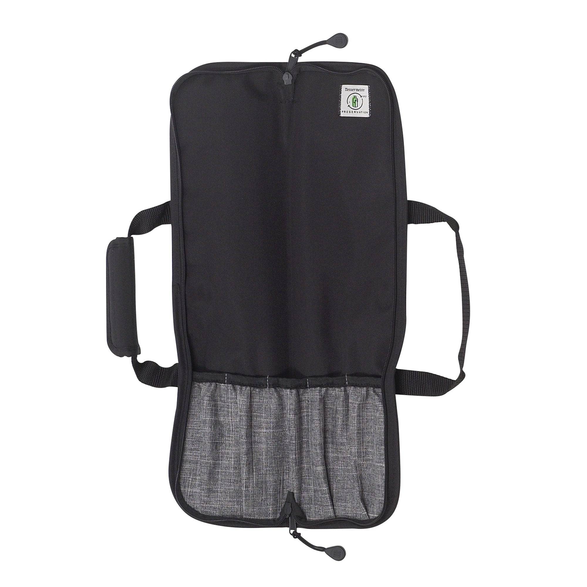 Messermeister Preservation 5 Pocket Knife Bag in black fully opened, displaying five secure knife pockets, interior zippered storage compartments, padded protective lining, and organized sections designed for safely storing and transporting chef knives and culinary tools