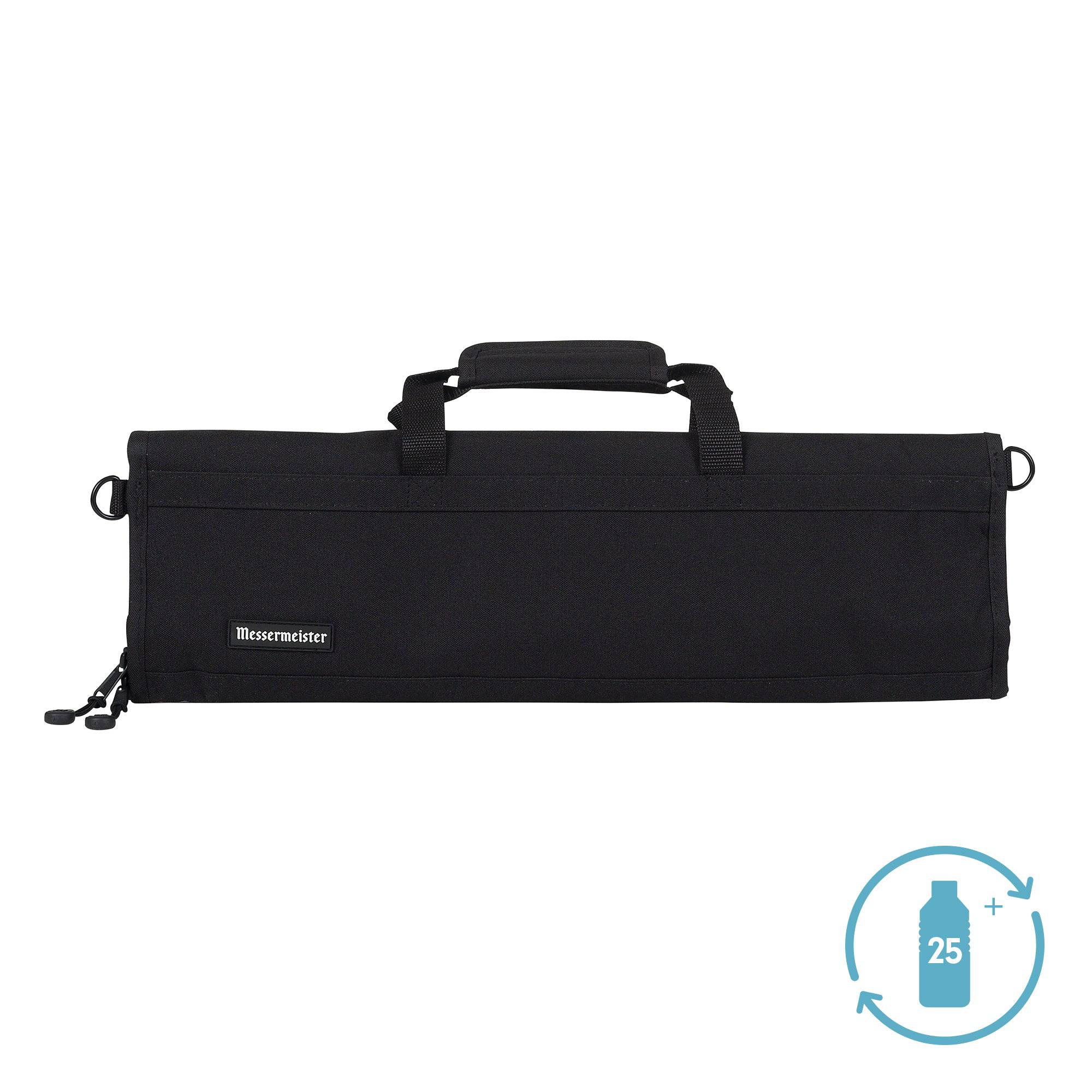Front view of Messermeister Preservation 8 Pocket Knife Bag in Black featuring durable recycled fabric, reinforced carry handles, sleek professional design, and heavy-duty YKK zipper closure with storage for up to eight chef knives and culinary tools