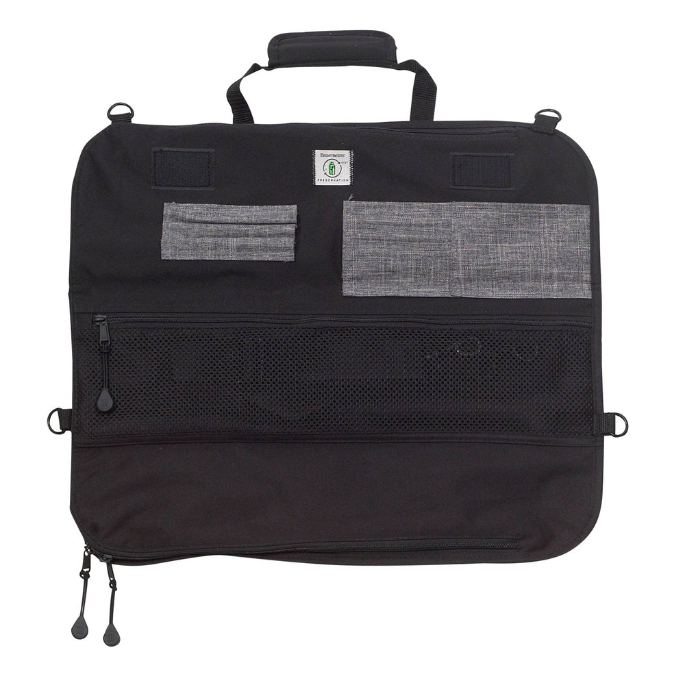 Open Messermeister Preservation 8 Pocket Knife Bag in Black showing padded interior compartments, secure elastic knife slots, and organized storage for up to eight chef knives and culinary tools