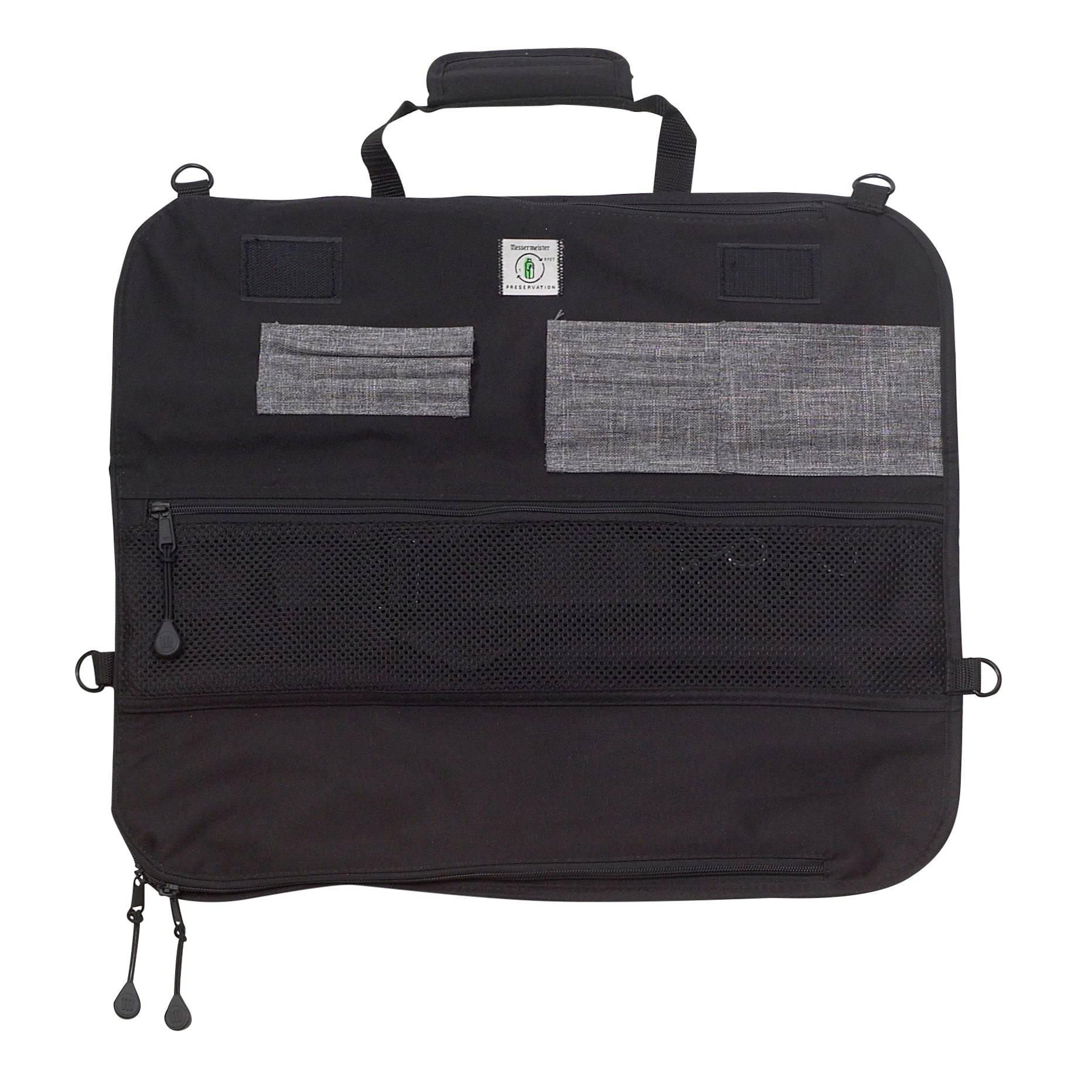 Open Messermeister Preservation 8 Pocket Knife Bag in Black showing padded interior compartments, secure elastic knife slots, and organized storage for up to eight chef knives and culinary tools