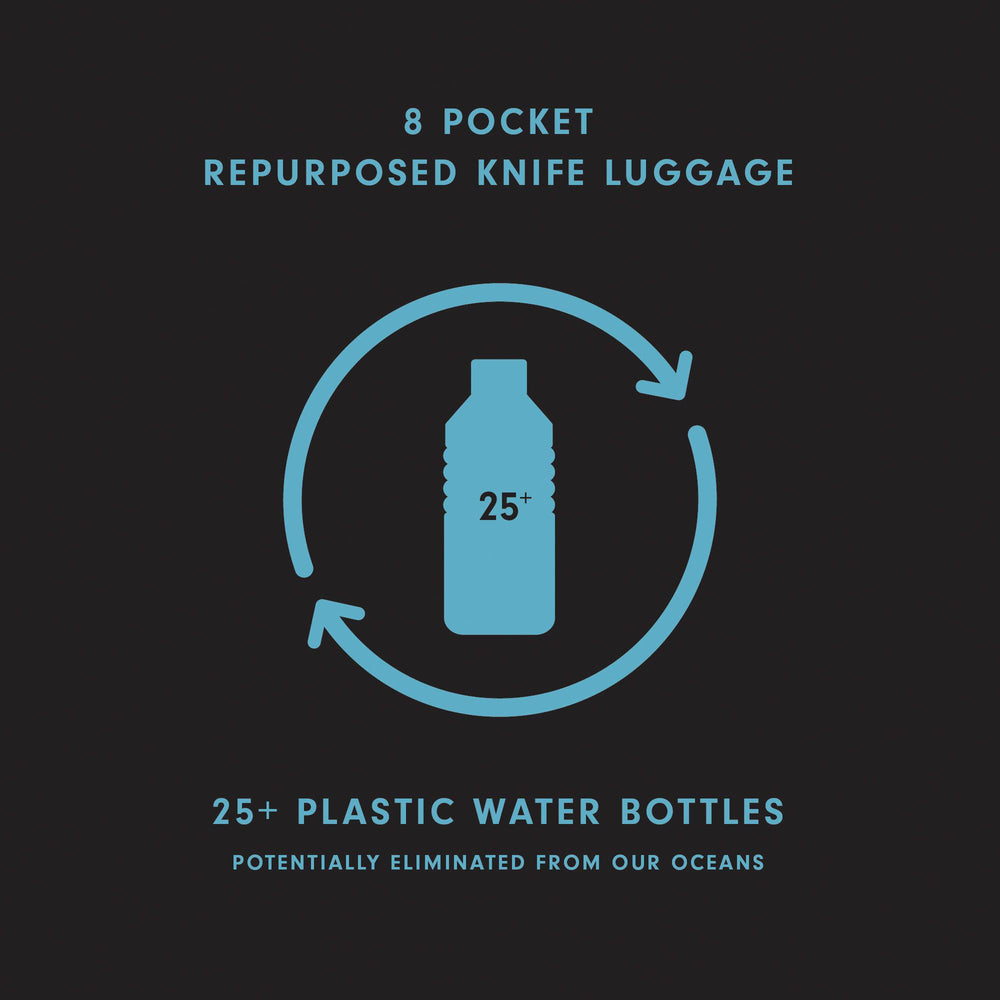 Close-up of Messermeister Preservation 8 Pocket Knife Bag in Black highlighting eco-friendly construction made from repurposed materials equivalent to 28 water bottles, with durable recycled fabric and visible sustainability label