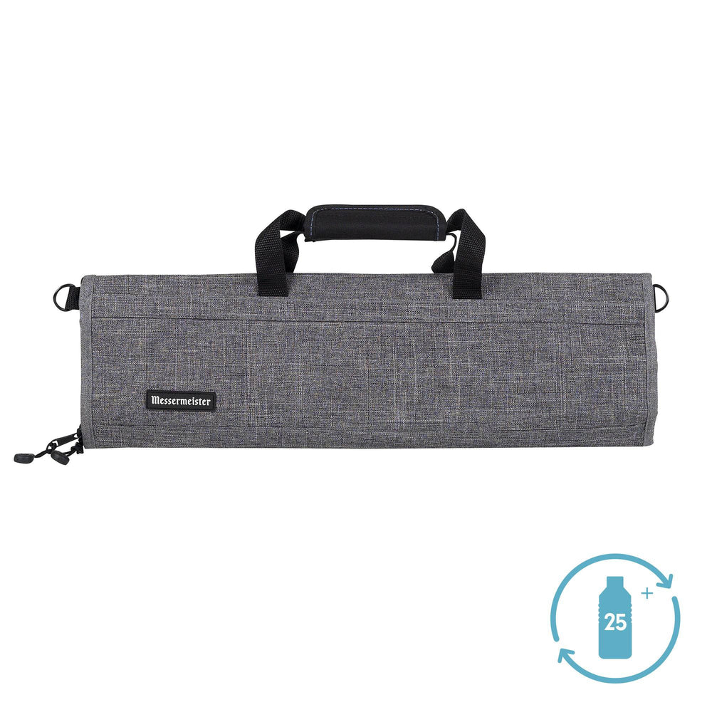Front view of Messermeister Preservation 8 Pocket Knife Bag in Gray featuring durable recycled fabric, structured design, reinforced carry handles, and heavy-duty YKK zipper closure