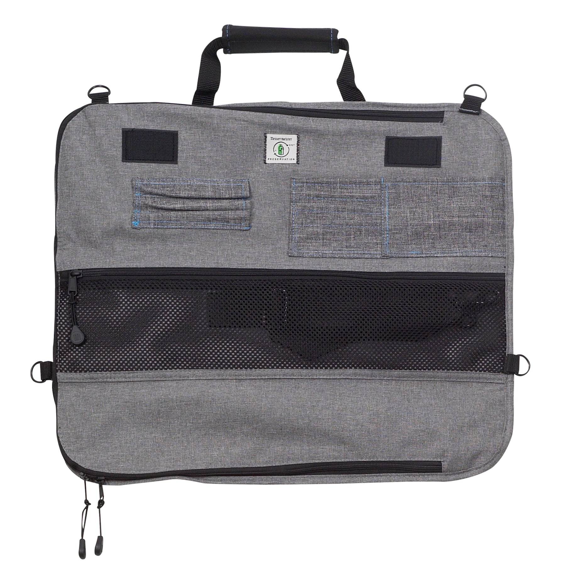 Interior view of Messermeister Preservation 8 Pocket Knife Bag in Gray showing padded lining, elastic knife slots, and organized compartments designed to securely hold up to eight chef knives and culinary tools