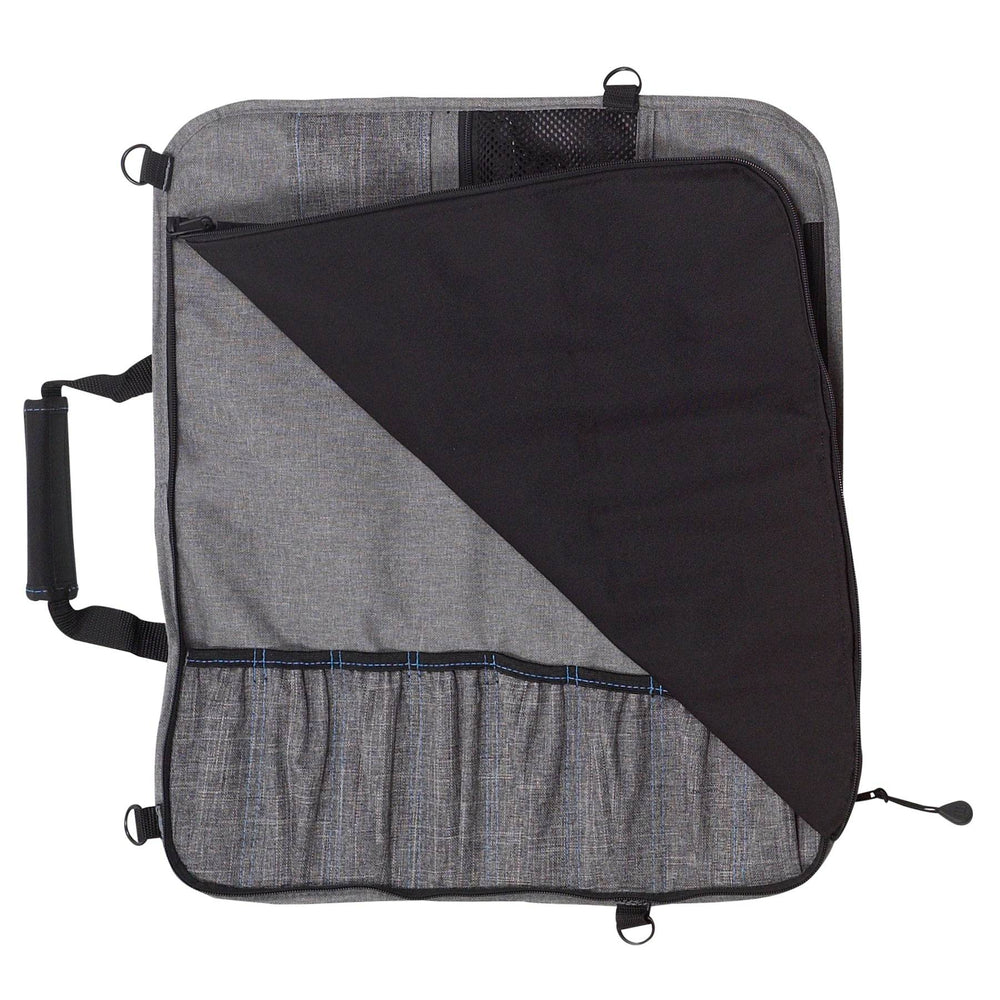 Open Messermeister Preservation 8 Pocket Knife Bag in Gray showing padded interior compartments, secure elastic knife slots, and organized storage for up to eight chef knives and culinary tools
