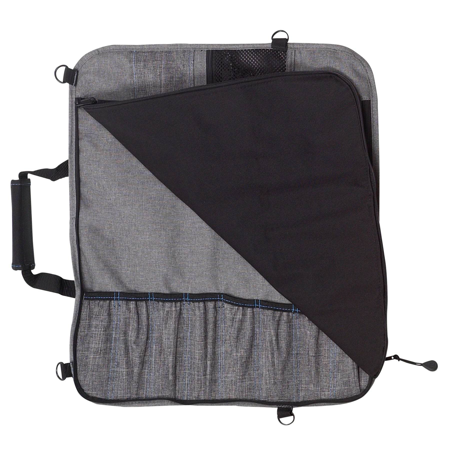 Open Messermeister Preservation 8 Pocket Knife Bag in Gray showing padded interior compartments, secure elastic knife slots, and organized storage for up to eight chef knives and culinary tools