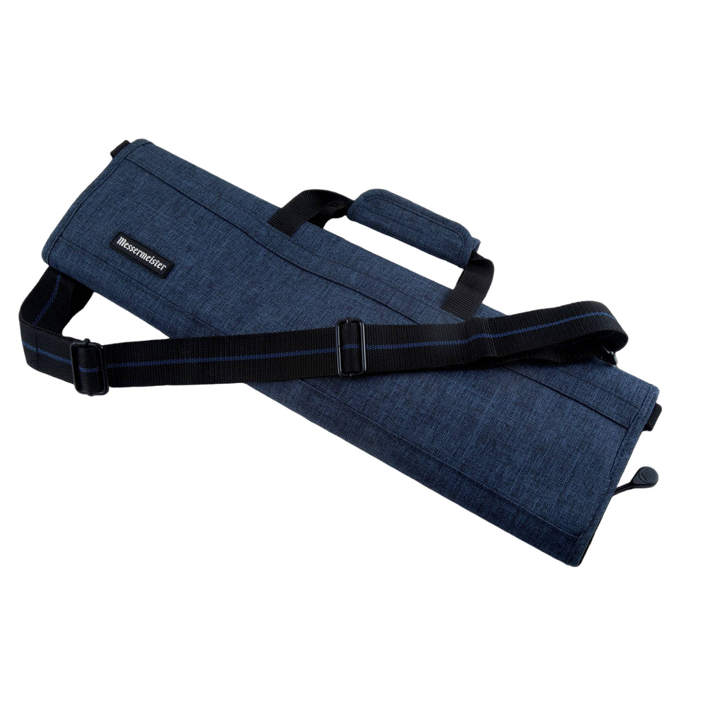 Front view of Messermeister Preservation 8 Pocket Knife Bag in Navy featuring durable recycled fabric, reinforced carry handles, structured professional design, and heavy-duty YKK zipper closure with storage for up to eight chef knives and culinary tools
