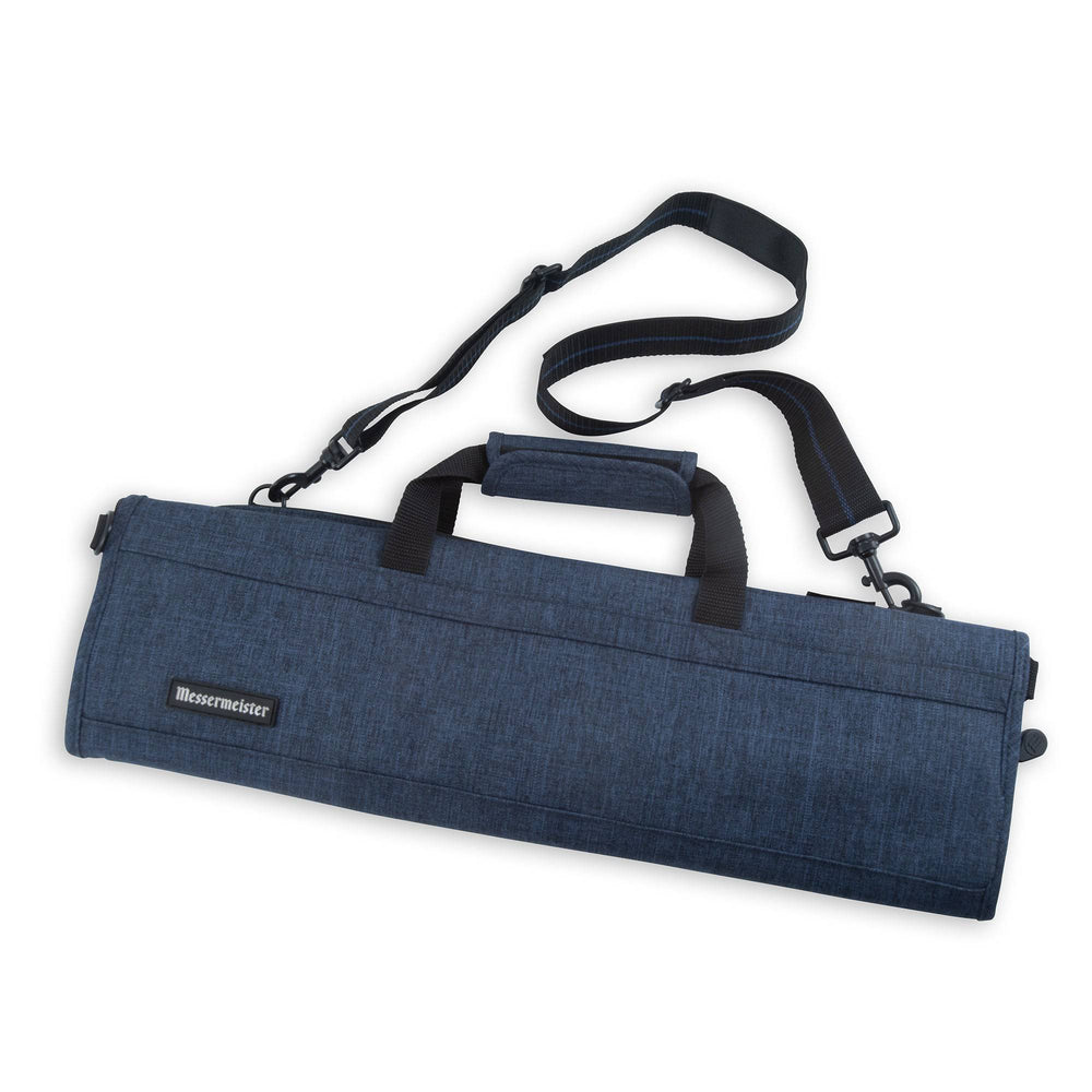 Front view of Messermeister Preservation 8 Pocket Knife Bag in Navy featuring durable recycled fabric, structured design, reinforced handles, and heavy-duty zipper closure