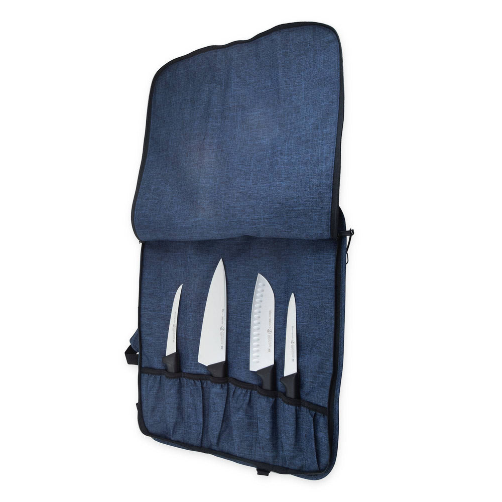 Open Messermeister Preservation 8 Pocket Knife Bag in Navy with chef knives secured in elastic slots, showing padded interior compartments and organized storage for up to eight culinary knives and tools