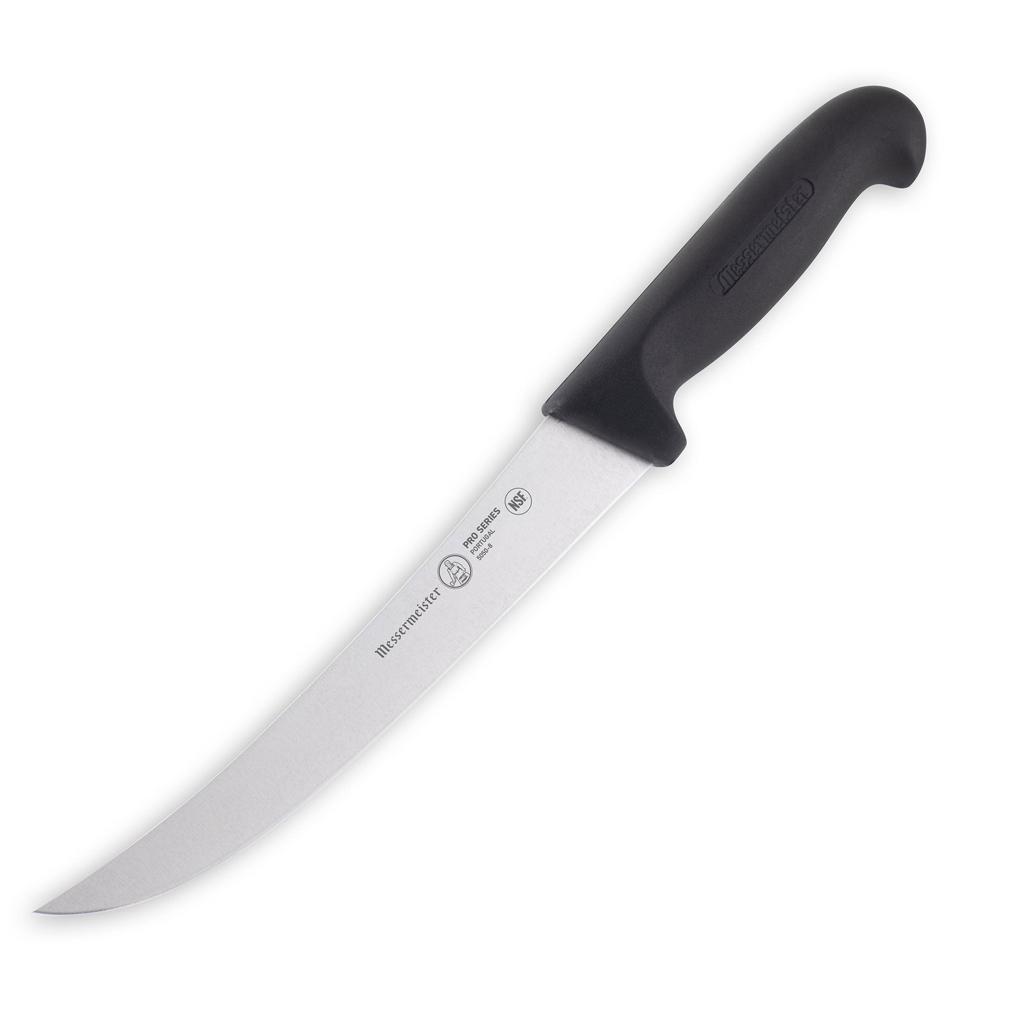 Angled-down view of Messermeister Pro Series 8-inch breaking knife showing long stainless steel blade and ergonomic black polyfibre non-slip handle