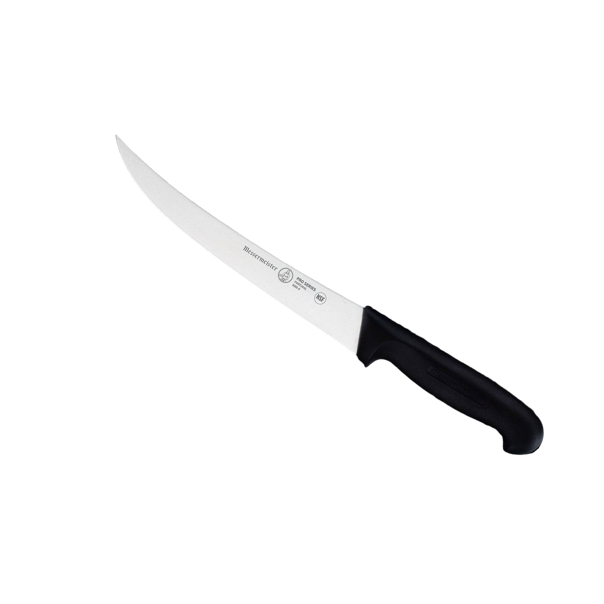 Angled view of Messermeister Pro Series 8-inch breaking knife with stainless steel blade and black ergonomic non-slip handle