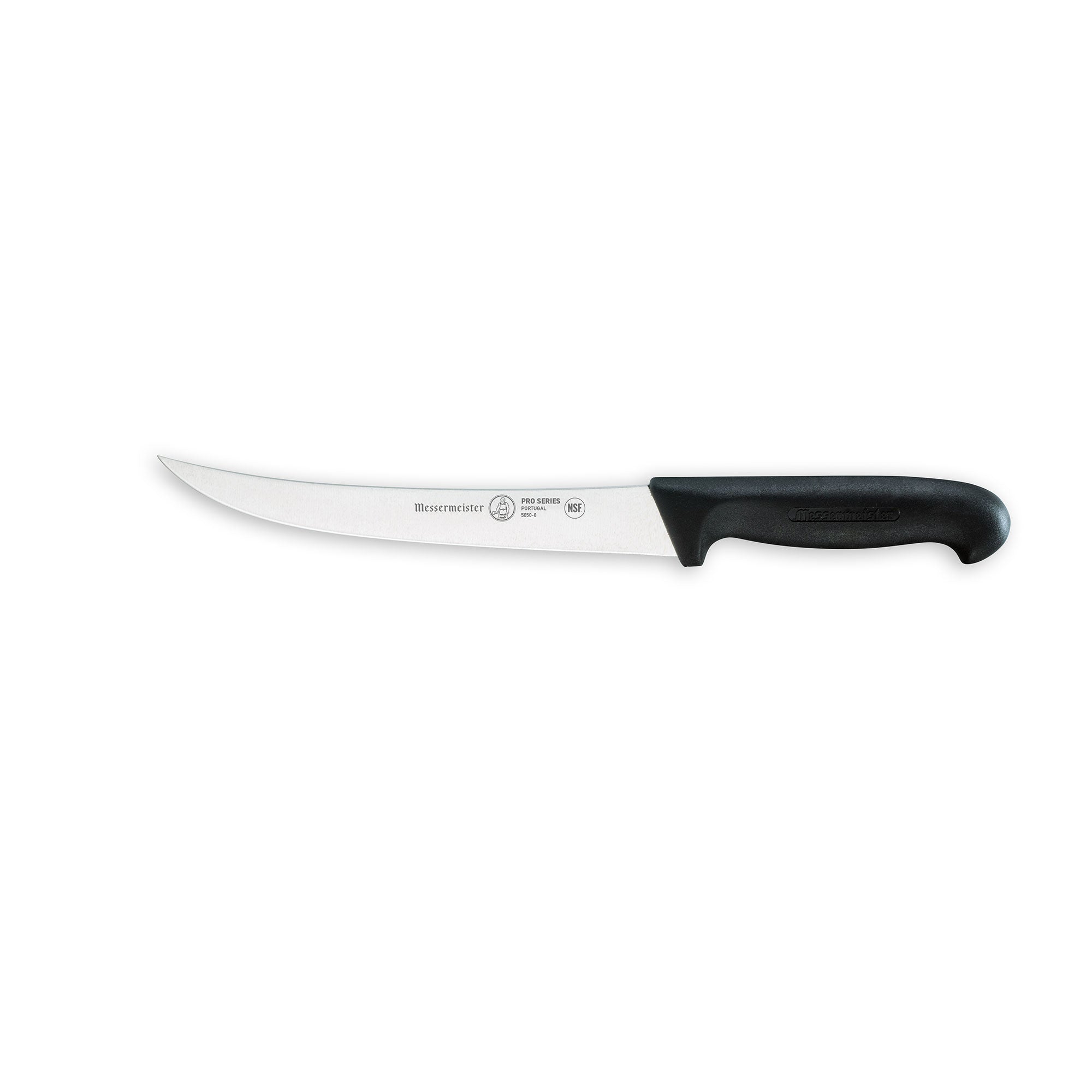 Close-up of Messermeister Pro Series 8-inch breaking knife showing long stainless steel blade designed for cutting and portioning large meat cuts