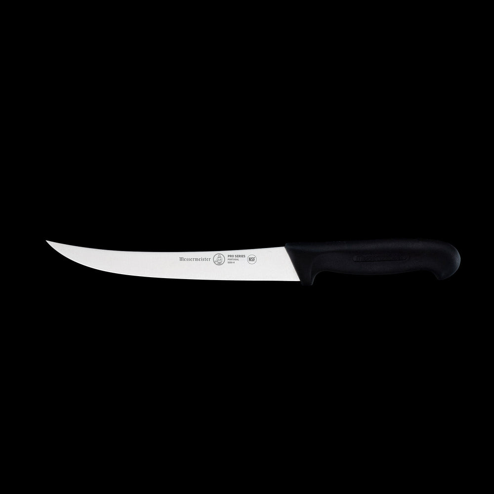Messermeister Pro Series 8-inch breaking knife featuring rigid stainless steel blade and ergonomic non-slip black polyfibre handle for professional butchery and meat processing