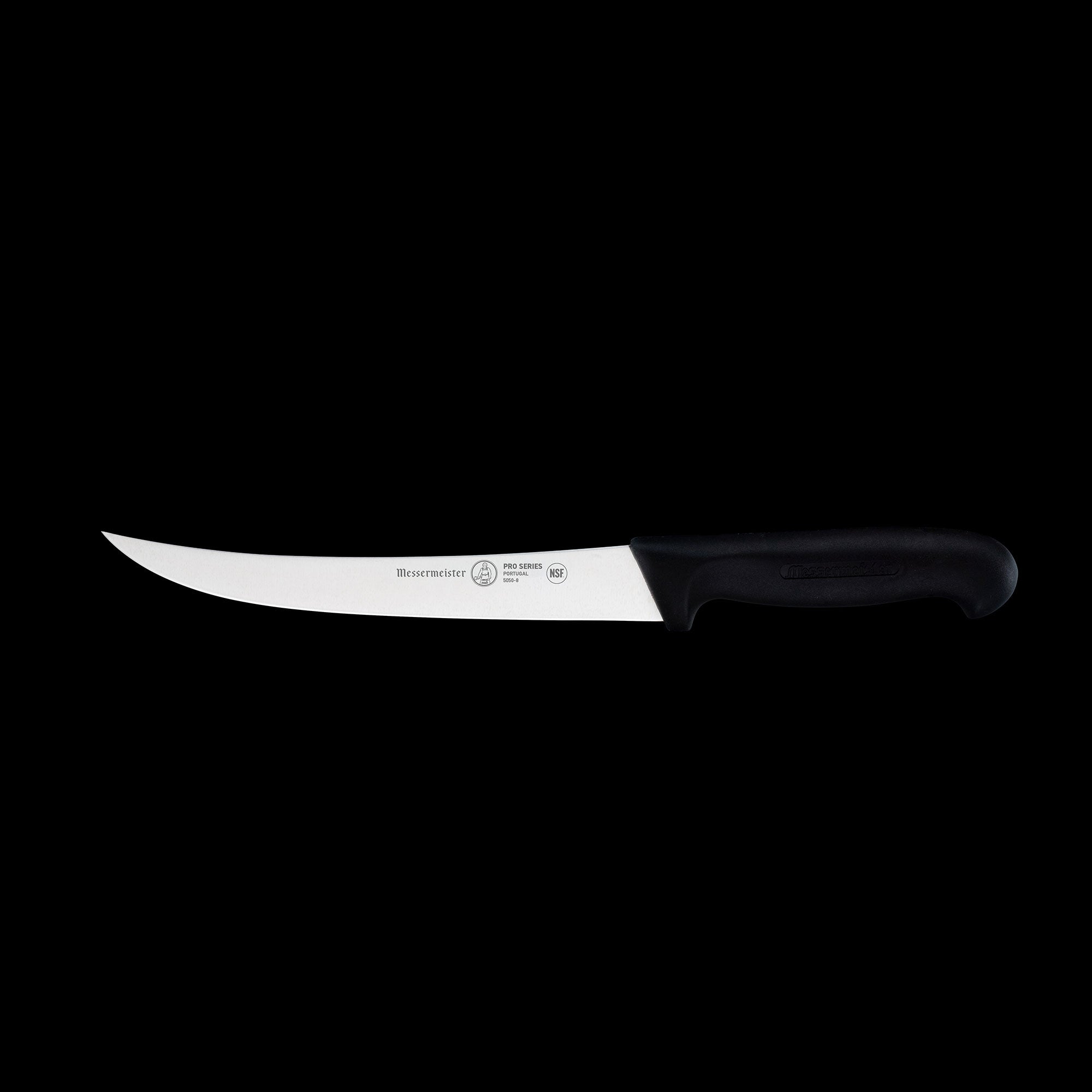 Messermeister Pro Series 8-inch breaking knife featuring rigid stainless steel blade and ergonomic non-slip black polyfibre handle for professional butchery and meat processing