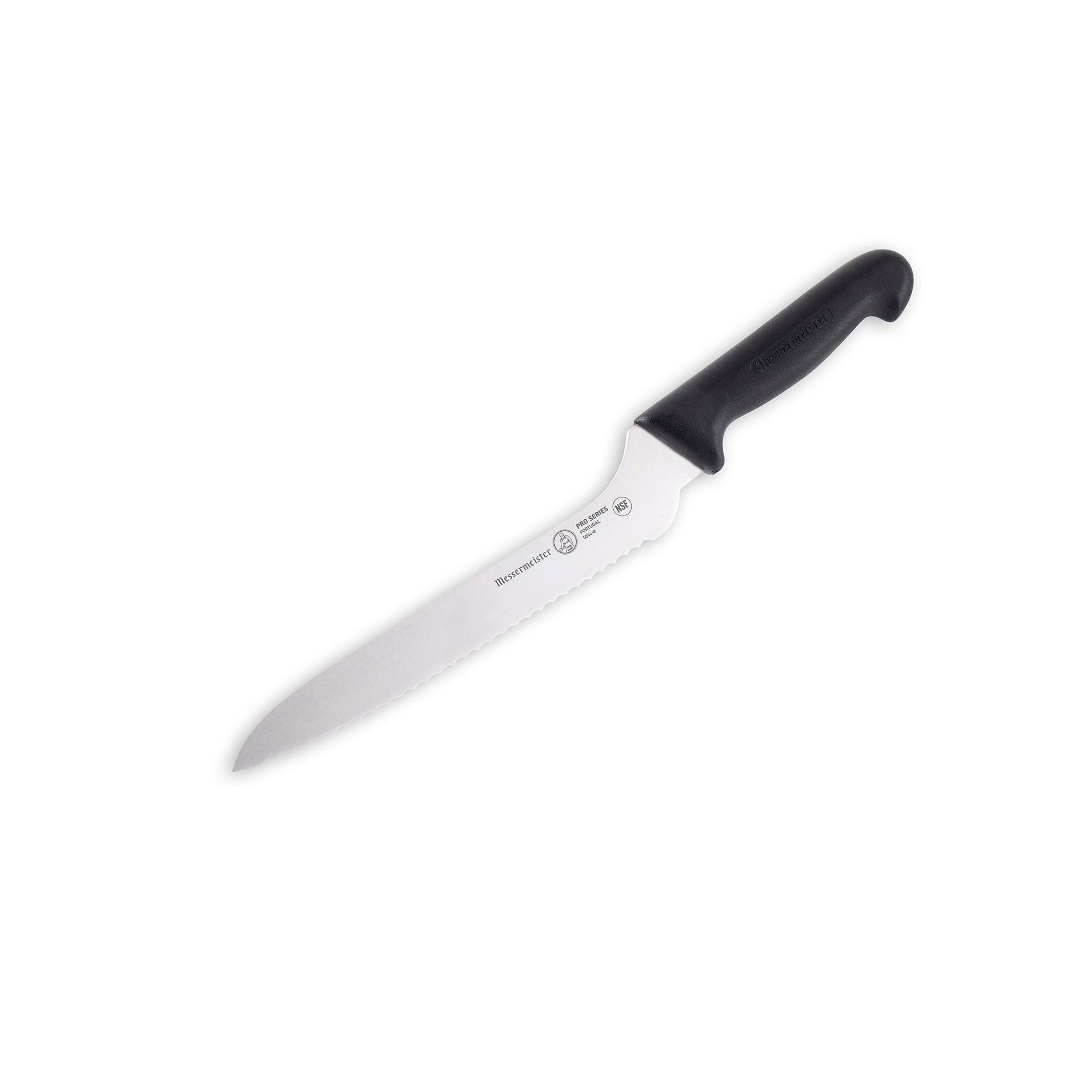 Close-up of Messermeister Pro Series 8-inch offset scalloped slicer showing serrated offset stainless steel blade designed for clean bread slicing