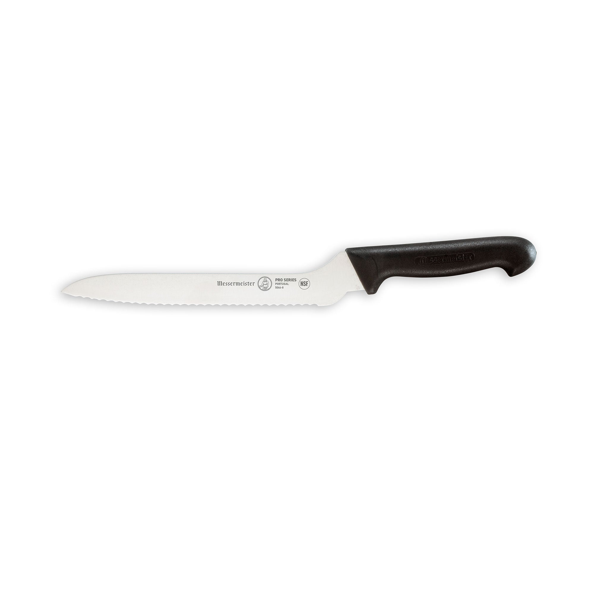 Messermeister Pro Series 10-inch scalloped baker’s knife with serrated stainless steel blade and black ergonomic handle