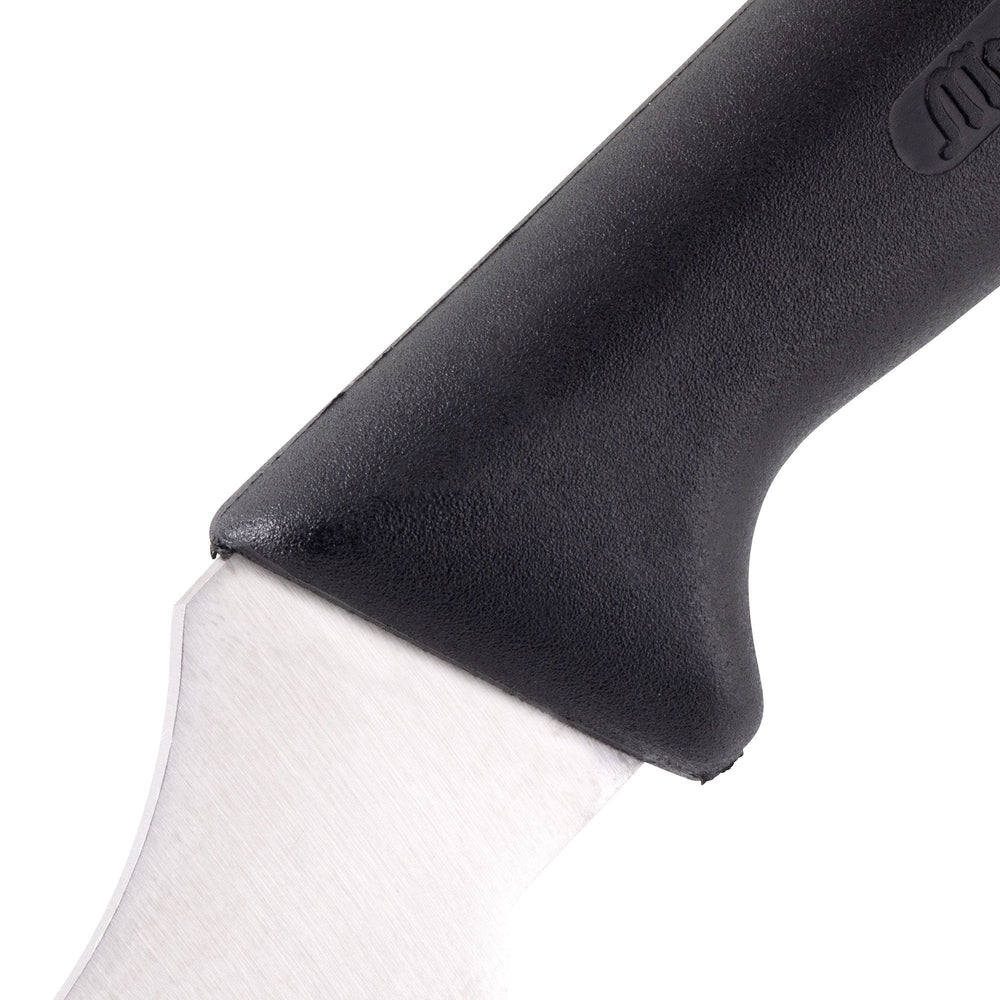 Detail of heel section on Messermeister Pro Series 8-inch offset scalloped slicer highlighting serrated stainless steel blade and ergonomic non-slip black polyfibre handle connection