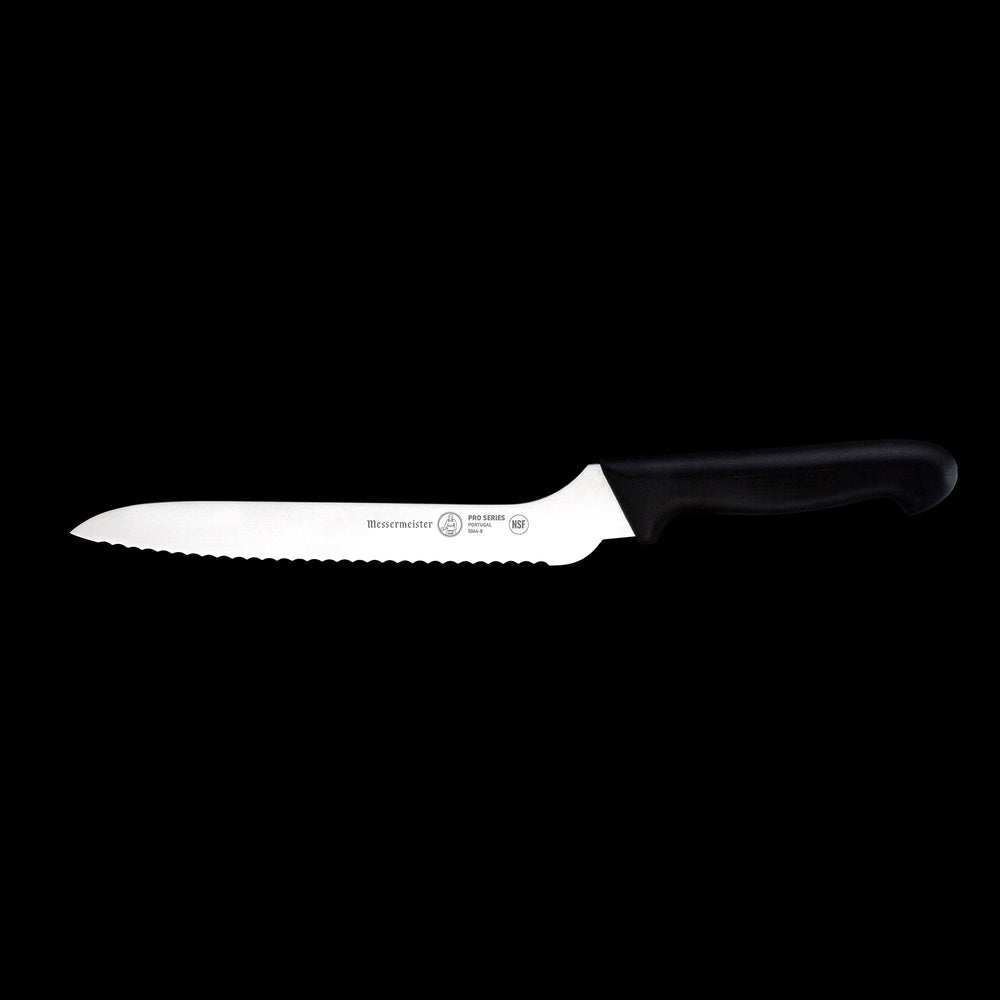 Messermeister Pro Series 8-inch offset scalloped slicer with serrated stainless steel blade and black ergonomic handle