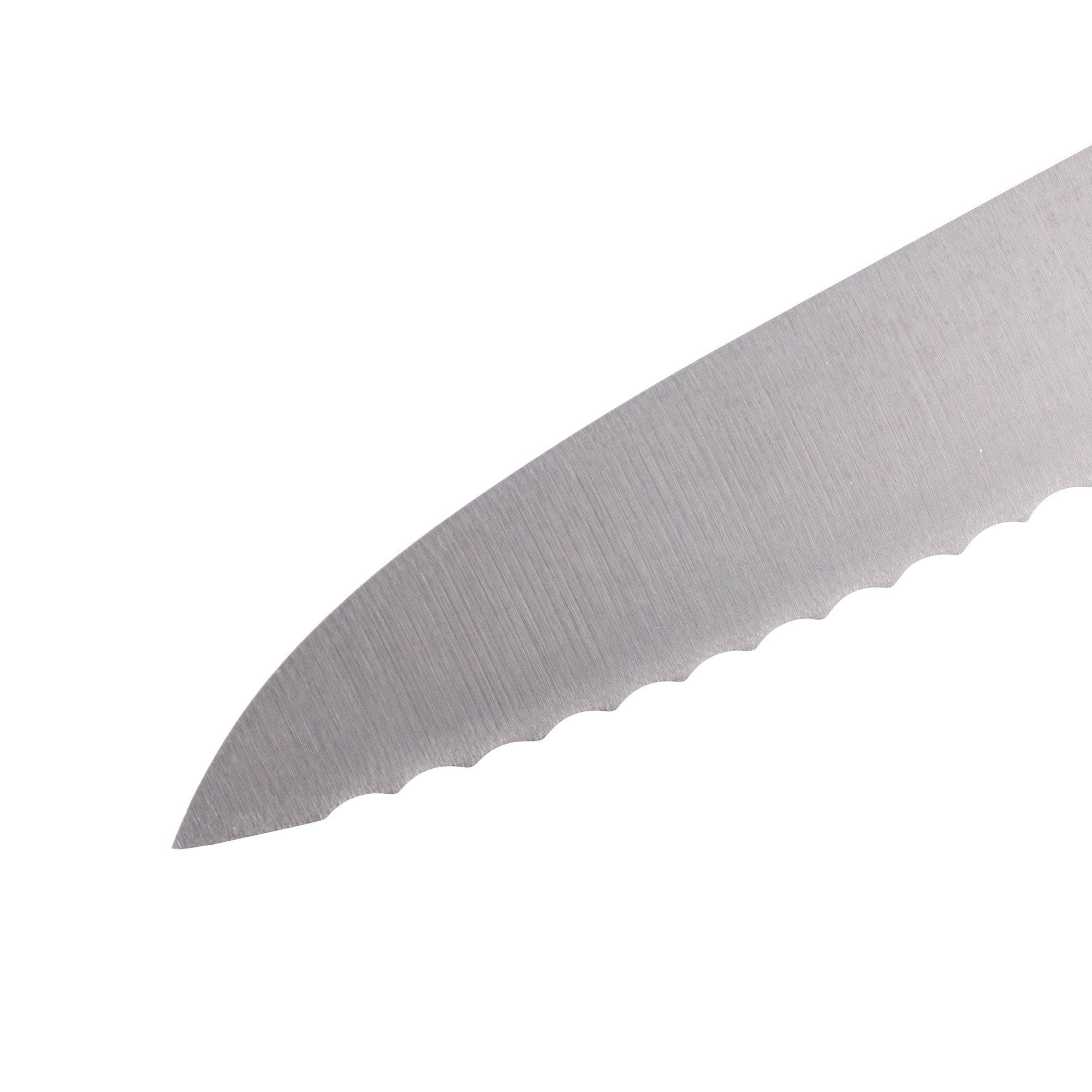 Close-up of Messermeister Pro Series 8-inch offset scalloped slicer showing serrated offset stainless steel blade designed for clean bread slicing