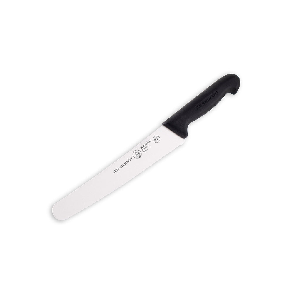 Angled view of Messermeister Pro Series 10-inch scalloped baker’s knife with serrated blade and black ergonomic handle