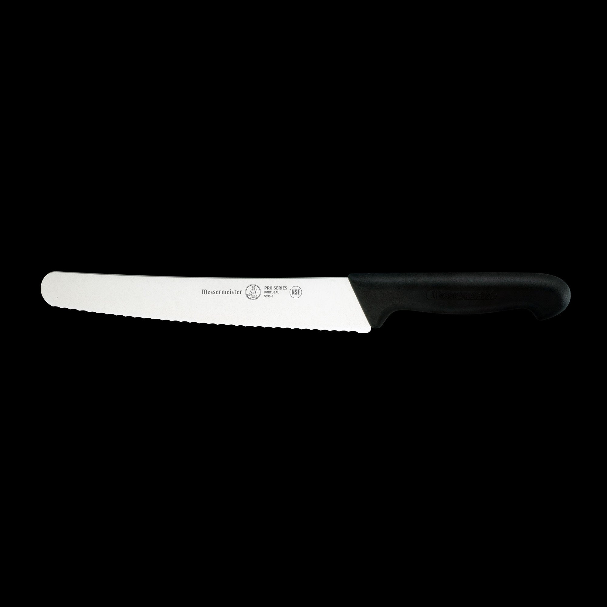 Messermeister Pro Series 10-inch scalloped baker’s knife featuring serrated stainless steel blade and ergonomic non-slip black polyfibre handle for clean bread slicing
