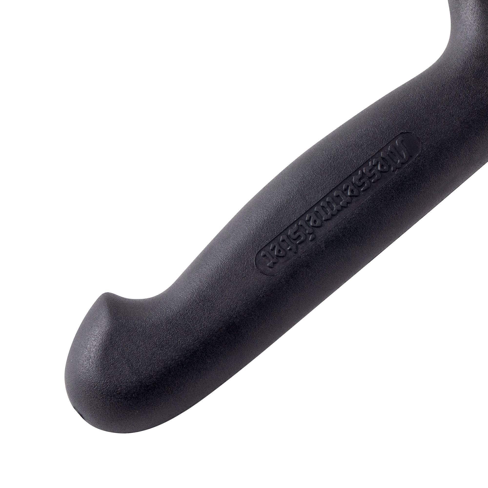 Handle close-up of Messermeister Pro Series 10-inch scalloped baker’s knife with black ergonomic non-slip polyfibre grip