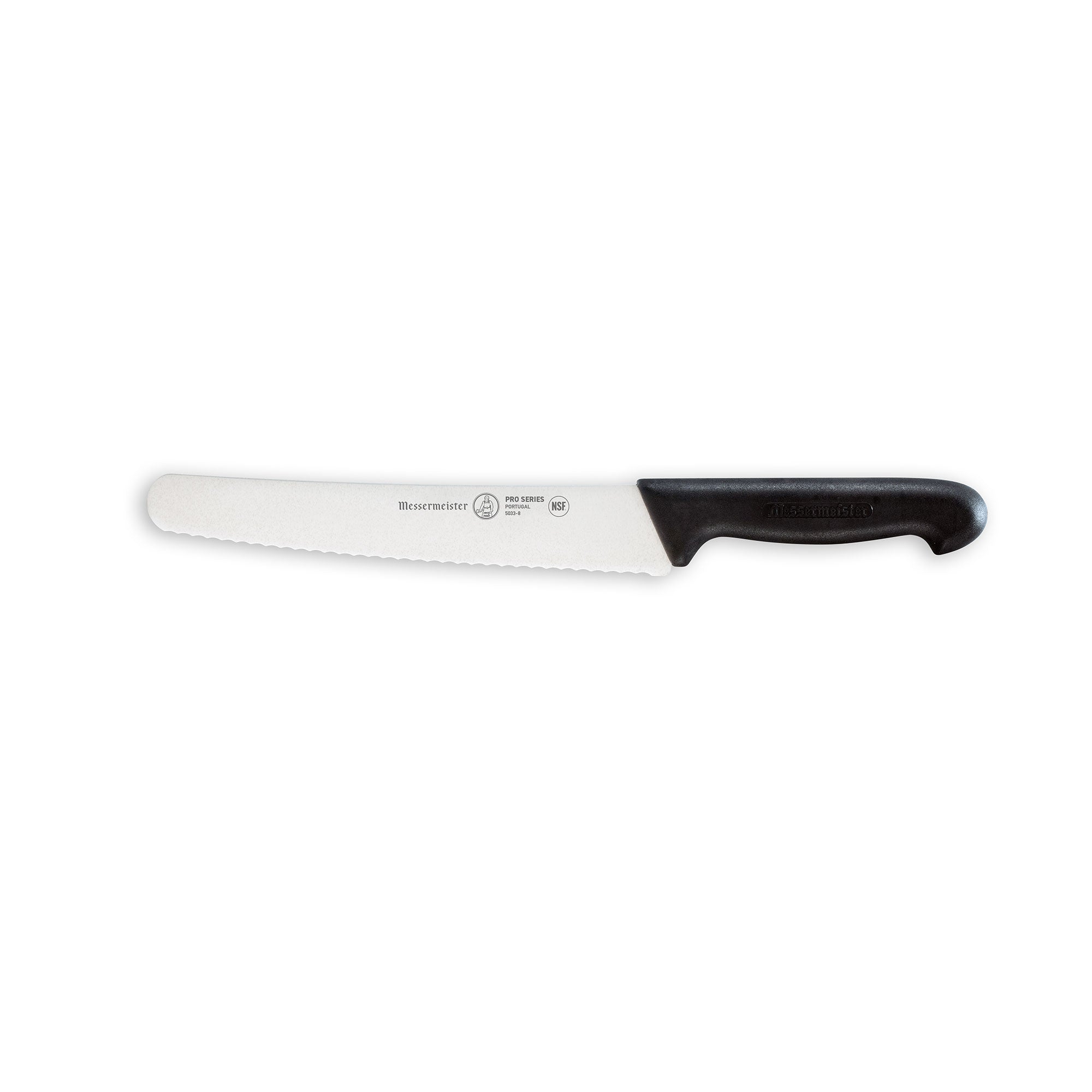 Messermeister Pro Series 10-inch scalloped baker’s knife with serrated stainless steel blade and black ergonomic handle