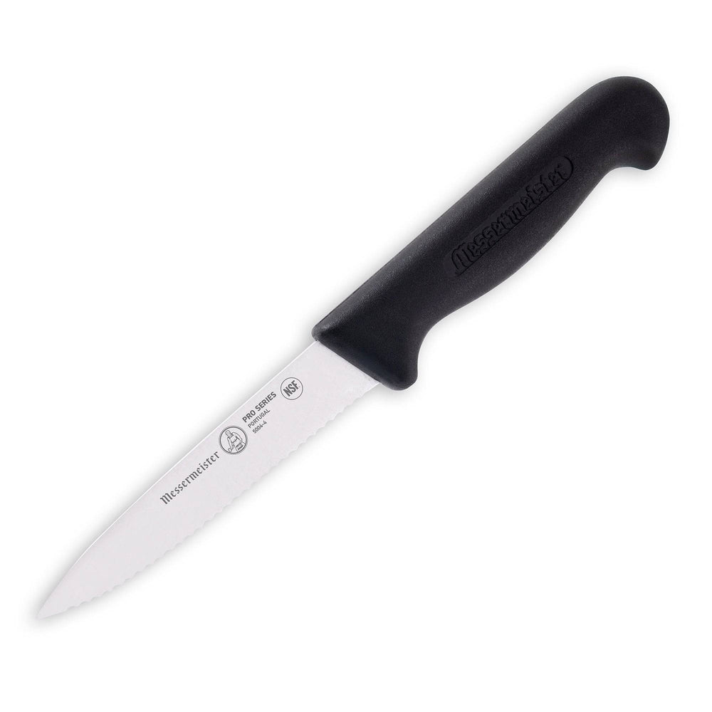 Angled view of Messermeister Pro Series 4-inch spear point paring knife with stainless steel blade and black ergonomic handle