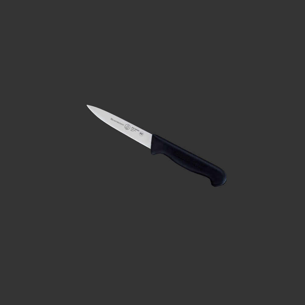 Messermeister Pro Series 4-inch spear point paring knife featuring pointed stainless steel blade and ergonomic non-slip black polyfibre handle for detailed kitchen prep