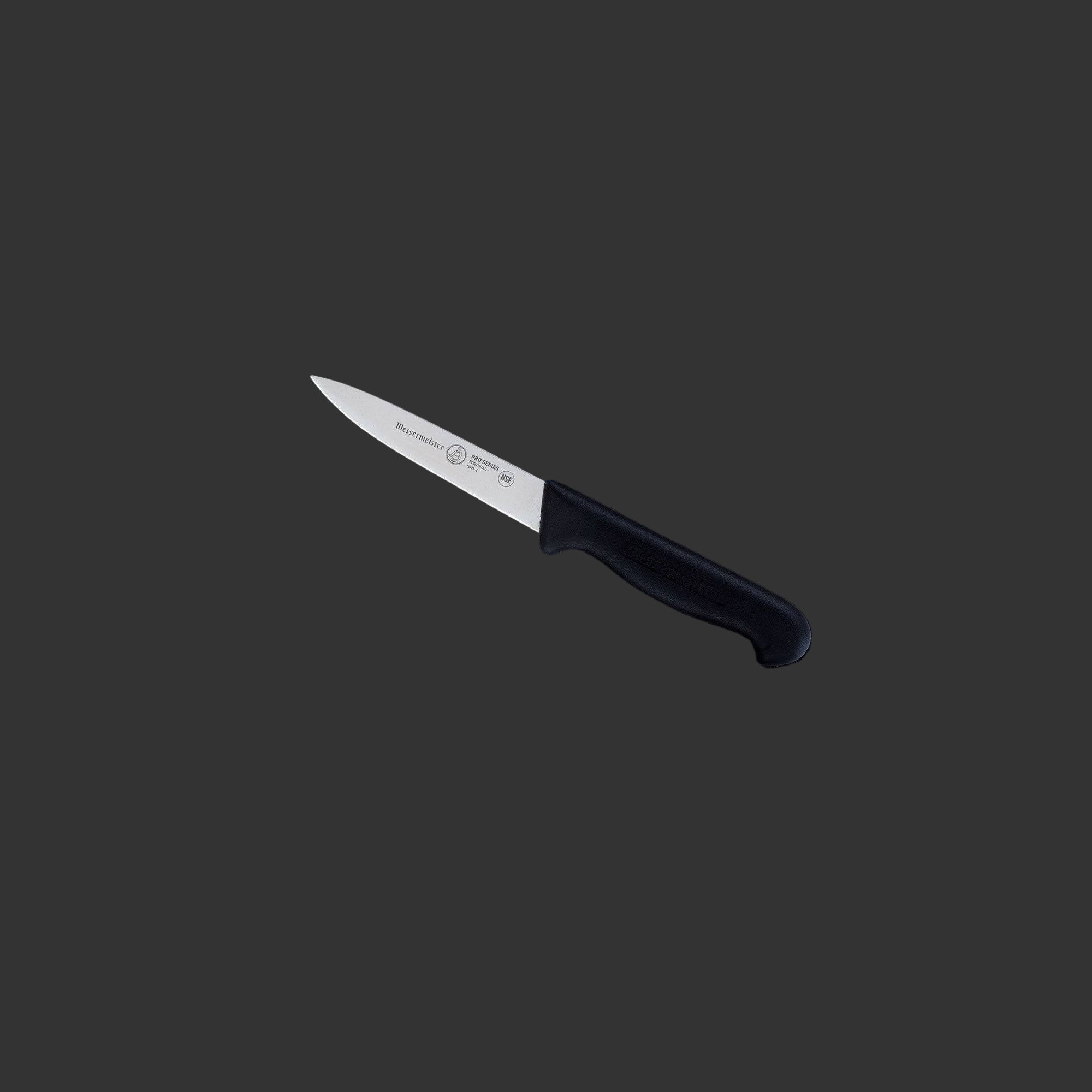 Messermeister Pro Series 4-inch spear point paring knife featuring pointed stainless steel blade and ergonomic non-slip black polyfibre handle for detailed kitchen prep
