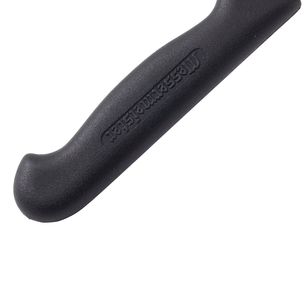 Handle close-up of Messermeister Pro Series 4-inch spear point paring knife with black ergonomic non-slip polyfibre grip