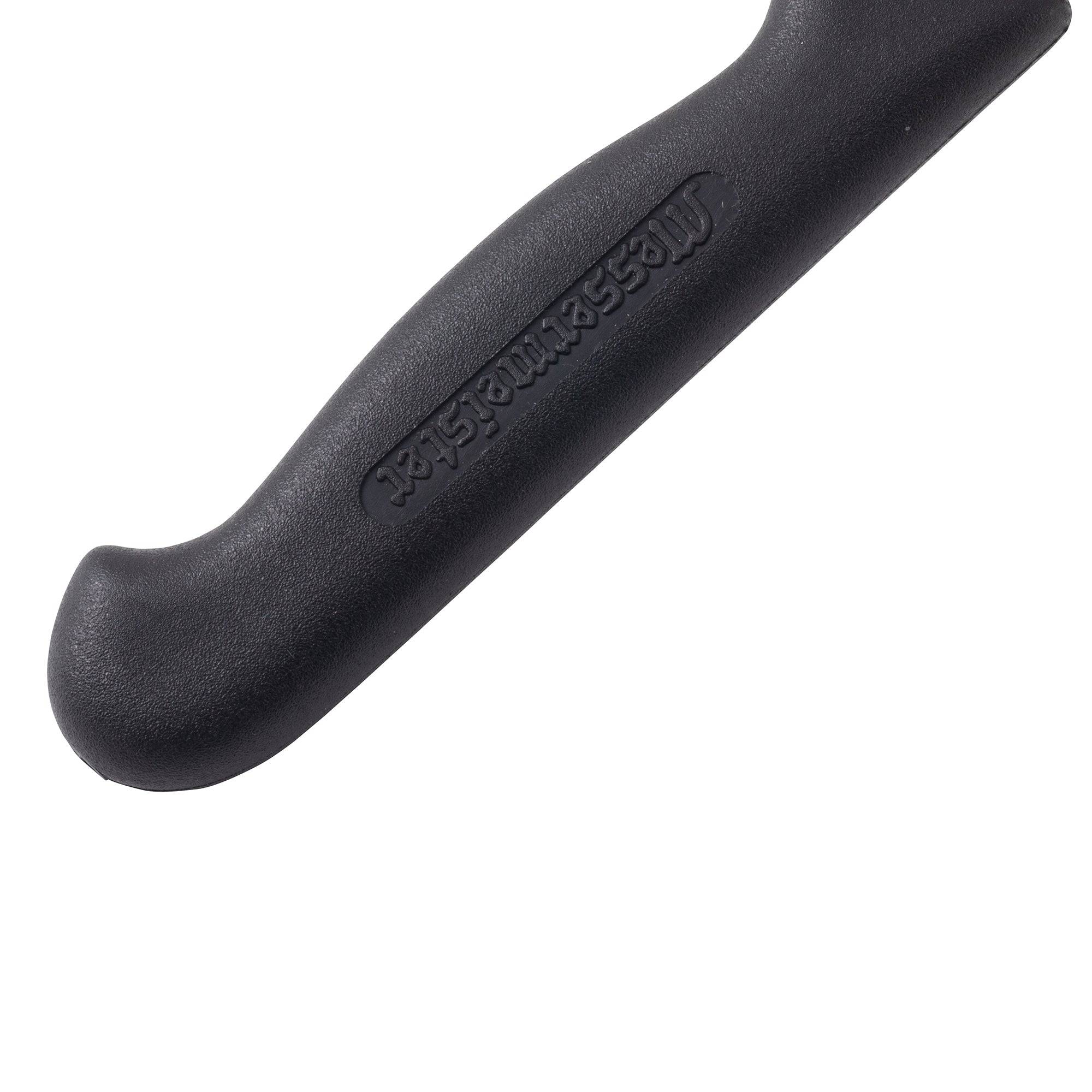 Handle close-up of Messermeister Pro Series 4-inch spear point paring knife with black ergonomic non-slip polyfibre grip
