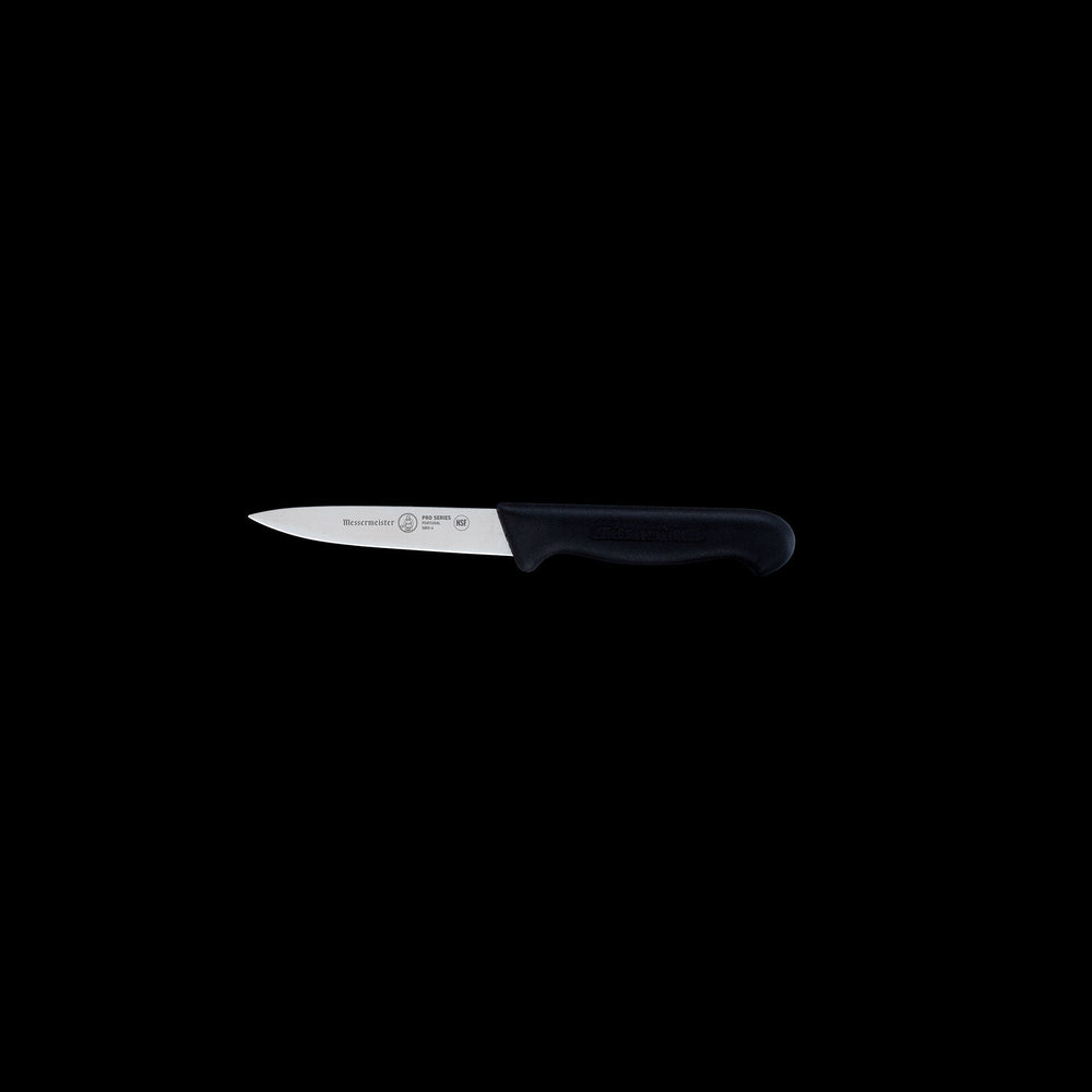 Side view of Messermeister Pro Series 4-inch spear point paring knife with stainless steel blade and black ergonomic handle