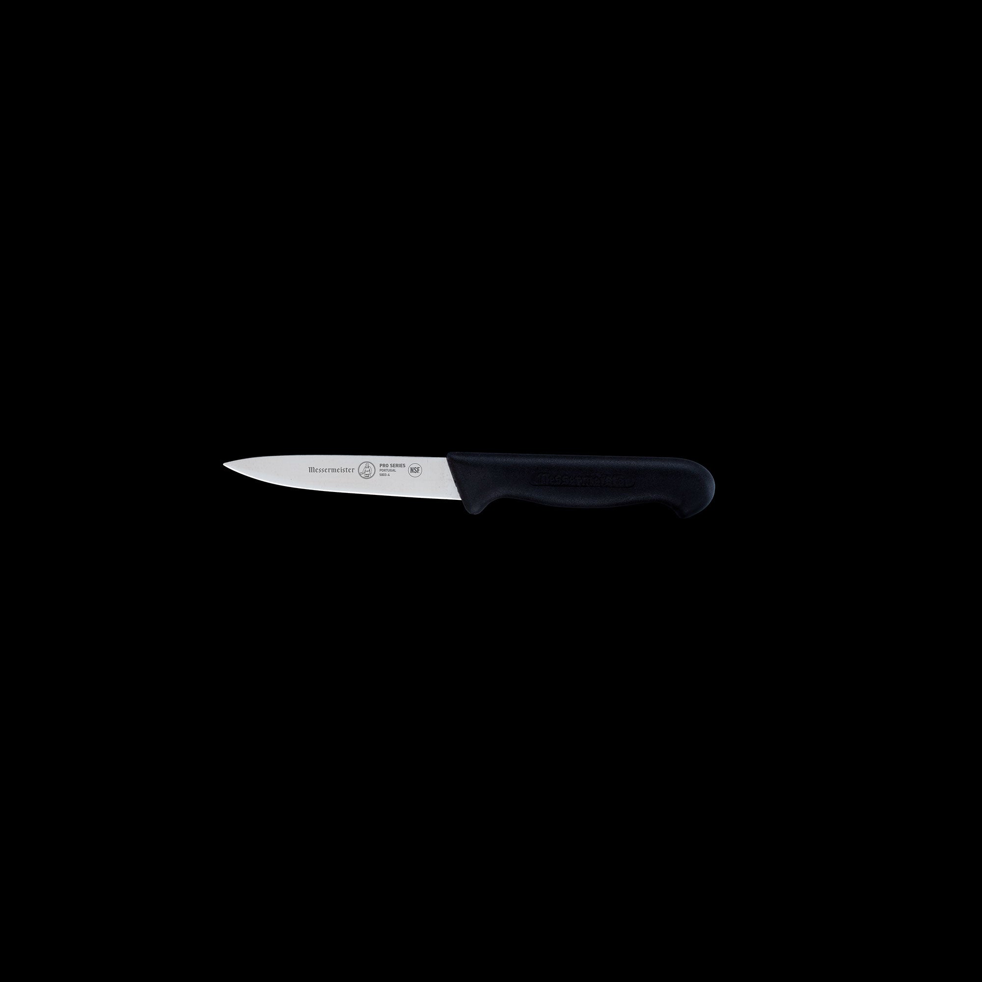 Side view of Messermeister Pro Series 4-inch spear point paring knife with stainless steel blade and black ergonomic handle