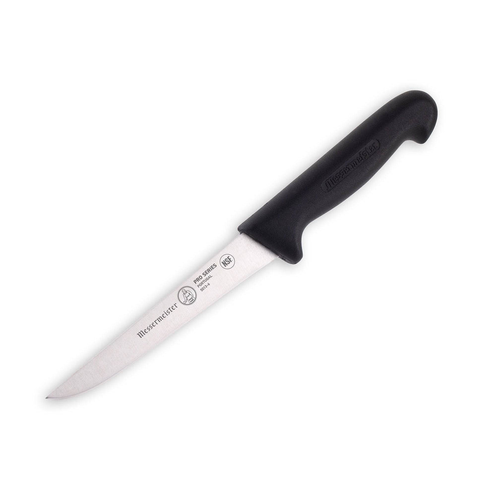 Messermeister Pro Series Stiff Boning Knife - 6" angled highlighting stainless steel blade and black ergonomic polyfibre handle