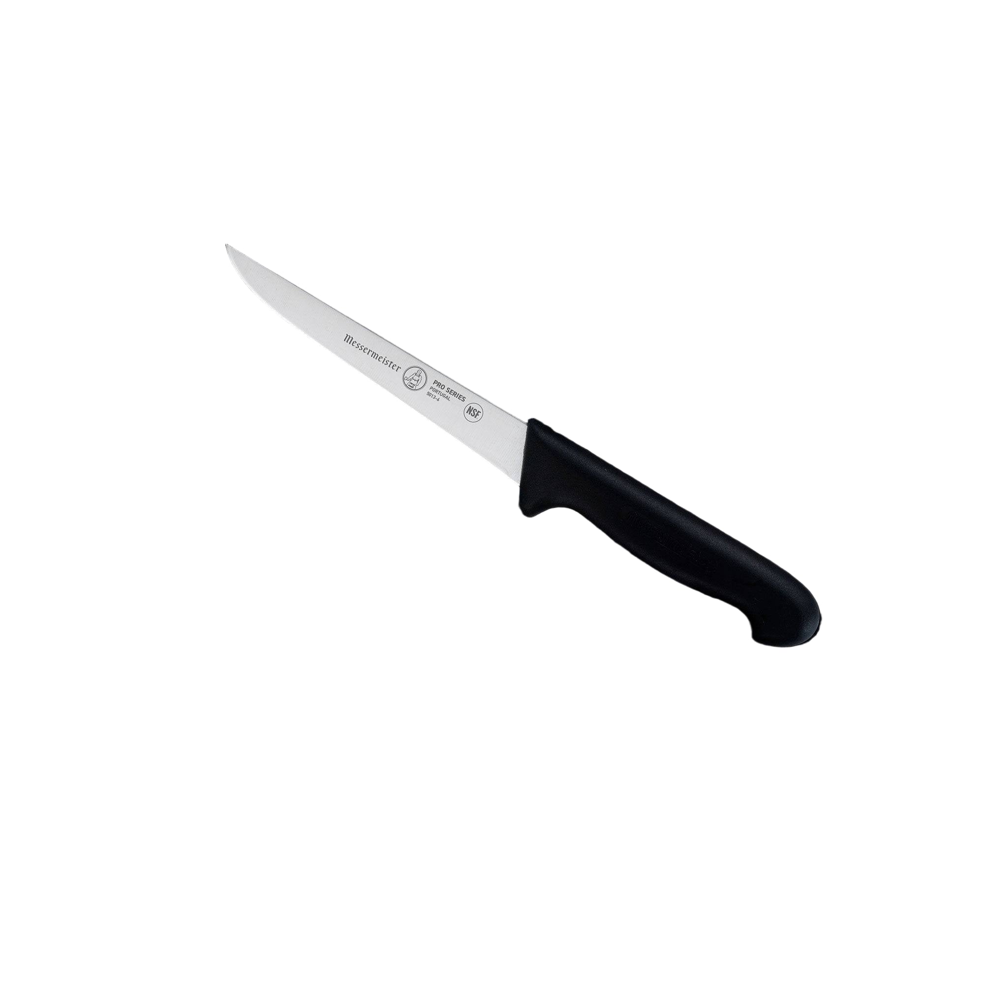 Distant view of Messermeister Pro Series 6-inch stiff boning knife showing rigid stainless steel blade and ergonomic non-slip black polyfibre handle for controlled butchery work