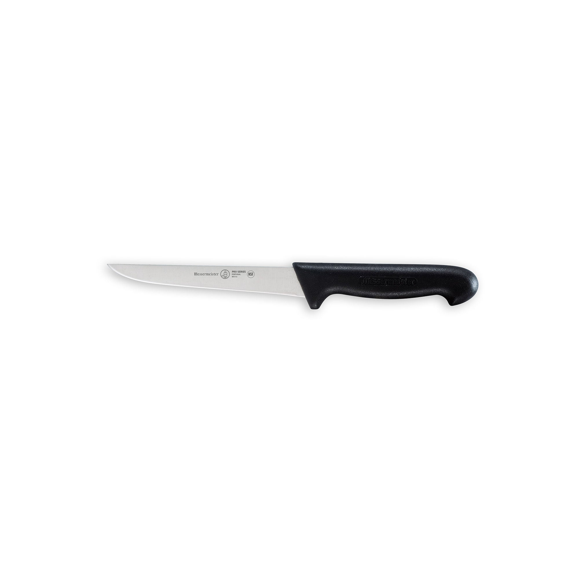 Full view of Messermeister Pro Series 6-inch stiff boning knife with stainless steel blade and black ergonomic non-slip polyfibre handle