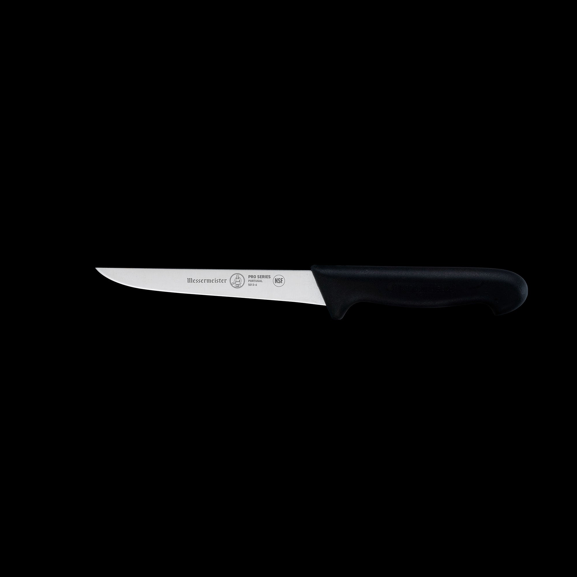 Messermeister Pro Series stiff boning knife side view featuring rigid stainless steel blade and ergonomic non-slip black polyfibre handle for controlled butchery work