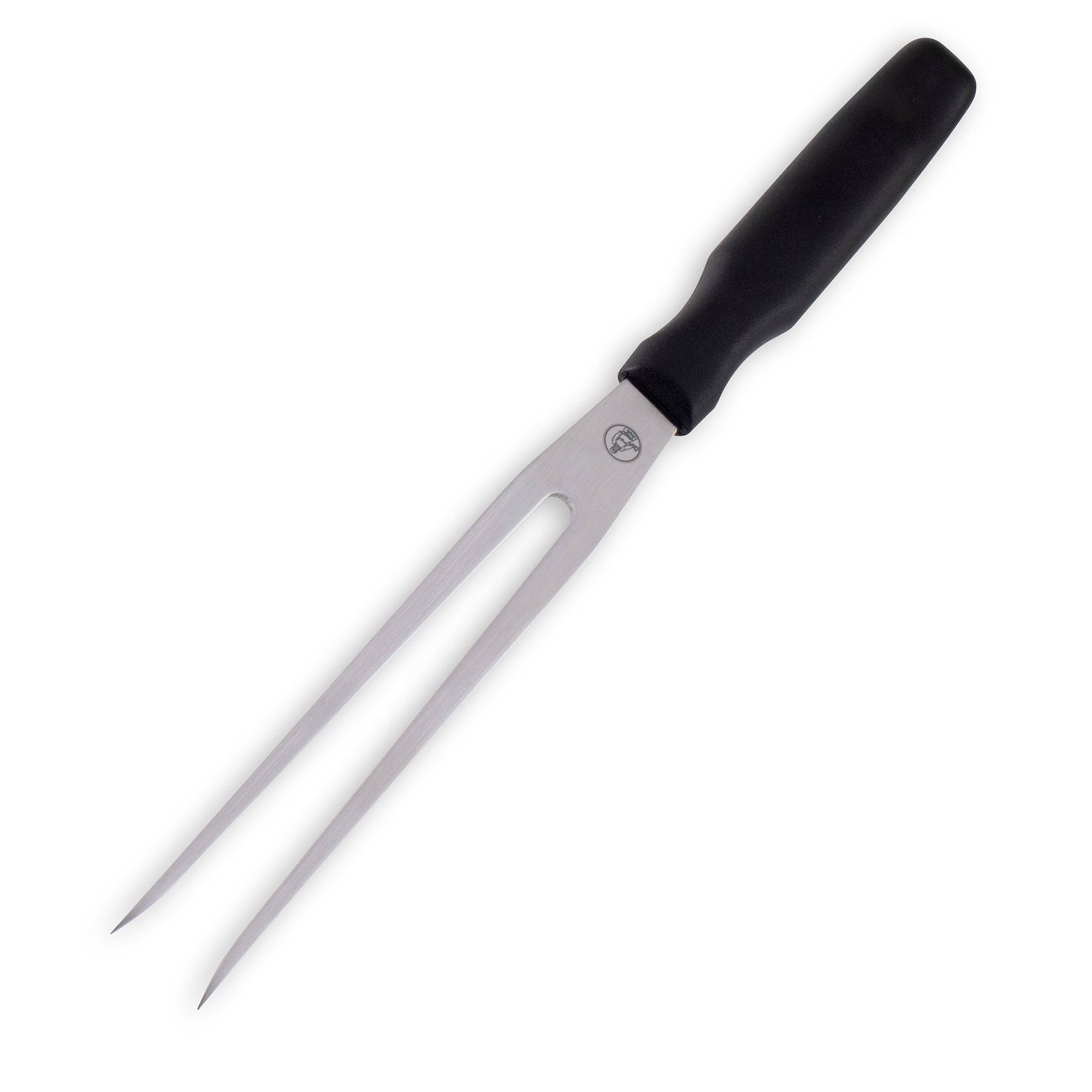 Messermeister Pro Series 7-inch straight carving fork angled to highlight stainless steel tines and ergonomic non-slip black polyfibre handle for secure meat carving