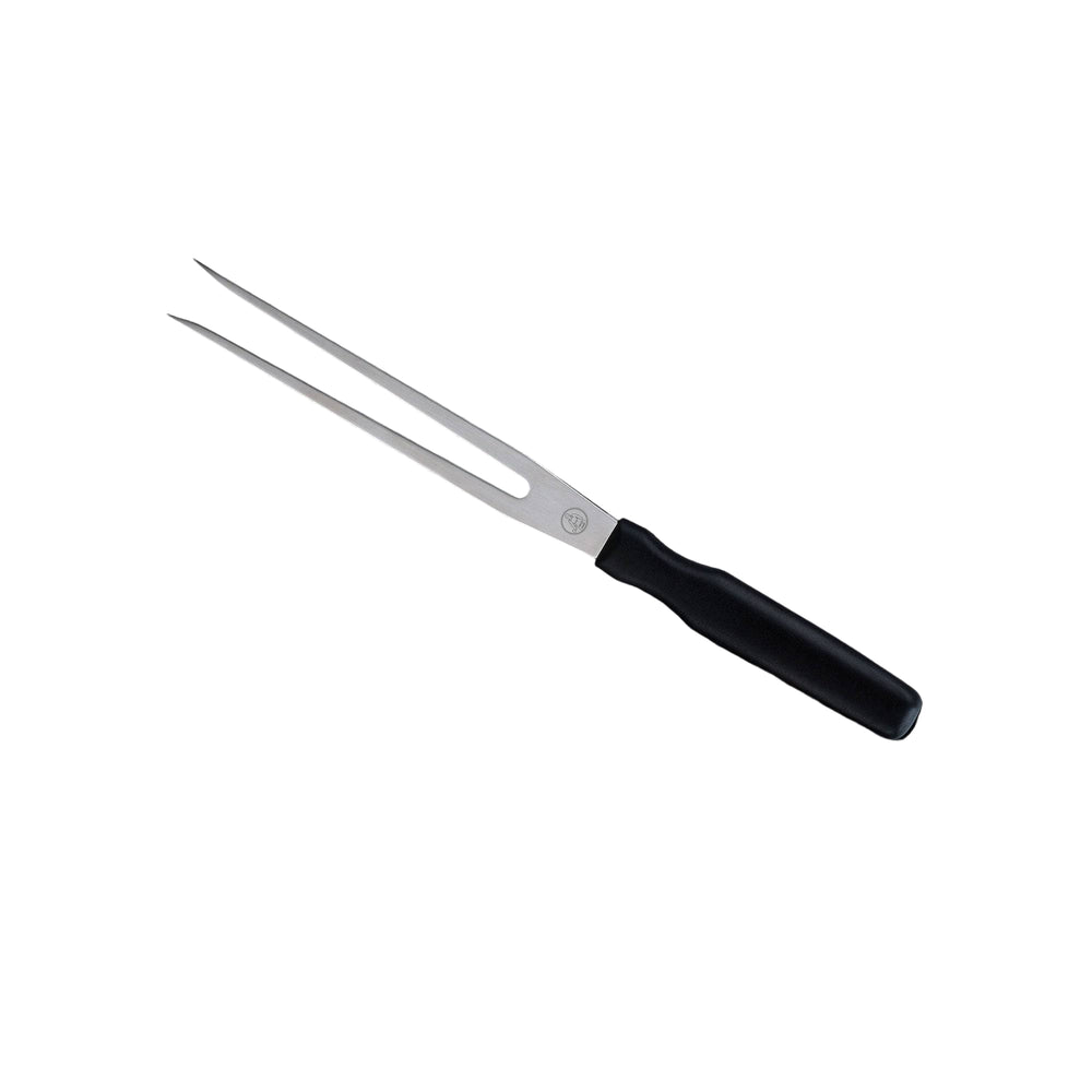 Angled view of Messermeister Pro Series 7-inch carving fork with stainless steel tines and black ergonomic handle