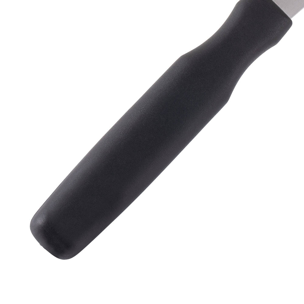 Handle close-up of Messermeister Pro Series 7-inch carving fork with black ergonomic non-slip polyfibre grip