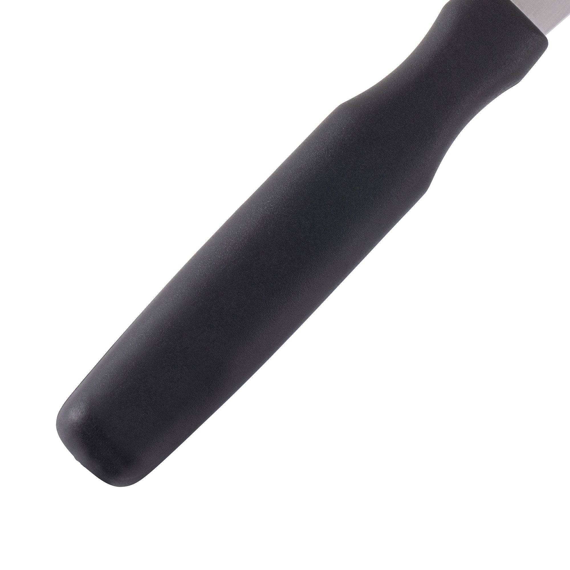 Handle close-up of Messermeister Pro Series 7-inch carving fork with black ergonomic non-slip polyfibre grip